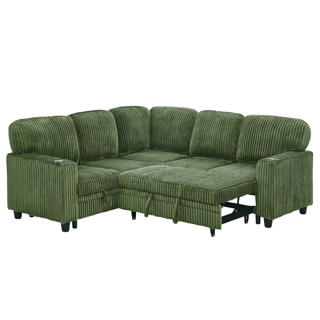 Sofa Bed L-Shape Corduroy Olive Green 5 Seat Pull-Out USB Ports 81 In
