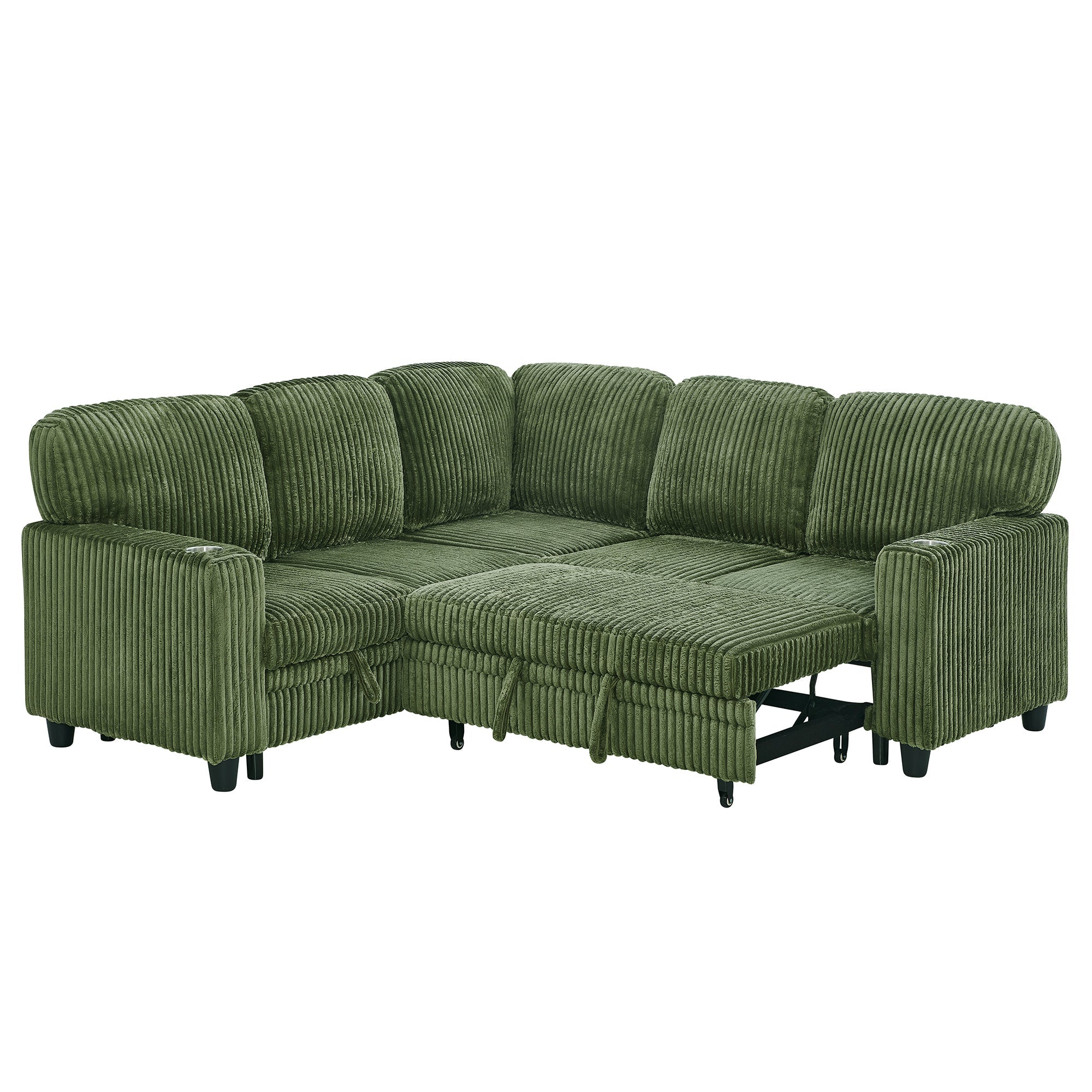 Sofa Bed L-Shape Corduroy Olive Green 5 Seat Pull-Out USB Ports 81 In