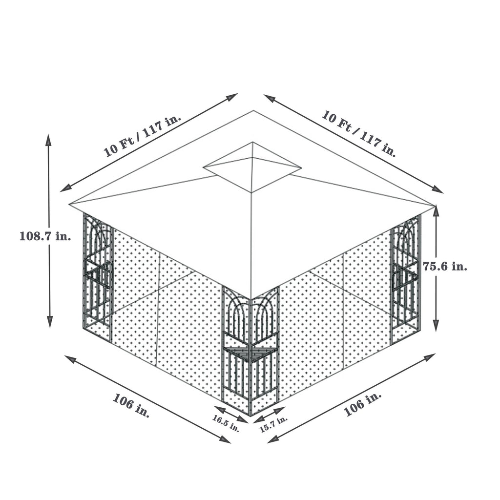 Gazebo Steel Gray 10x10 Ft Double Vented Roof Mesh Sidewalls UV-Resistant