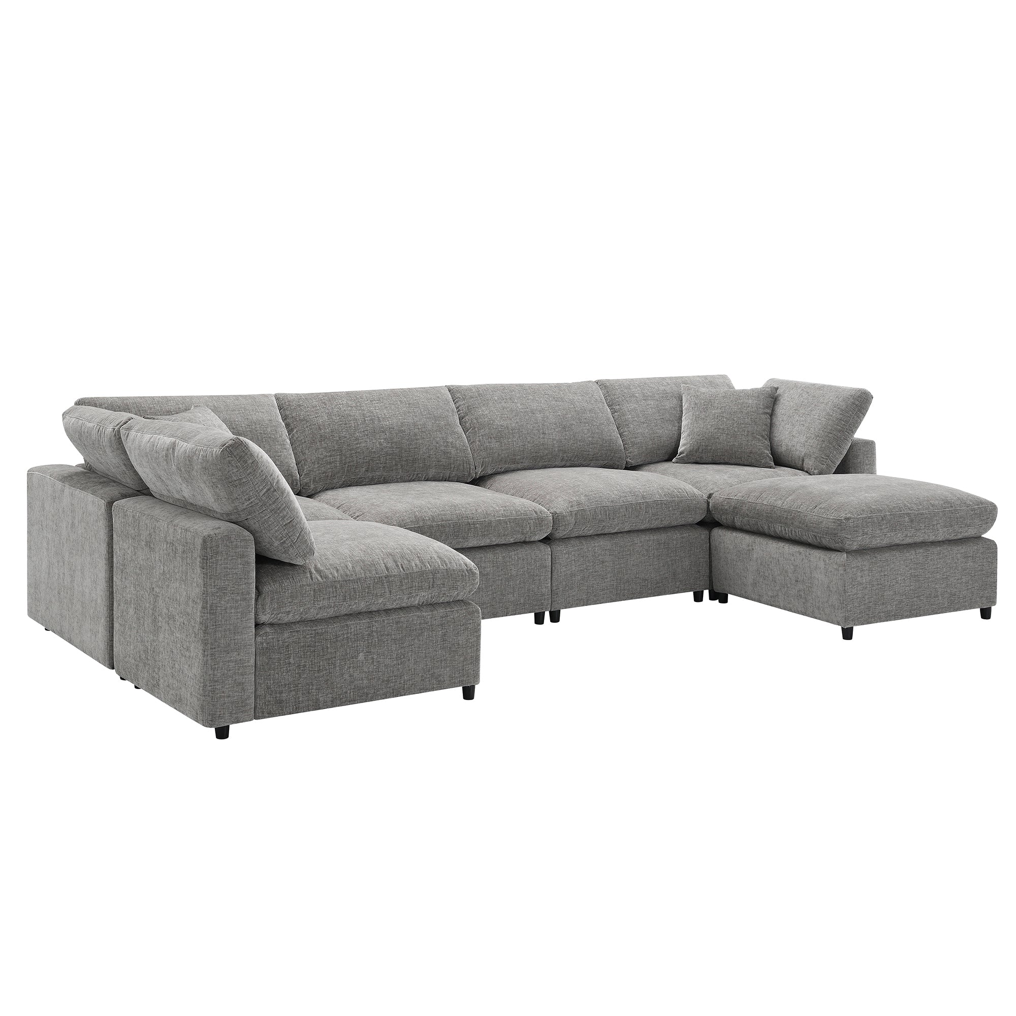 Sofa Modular U-Shape Chenille Gray 6 Seat Convertible Ottoman 130 In