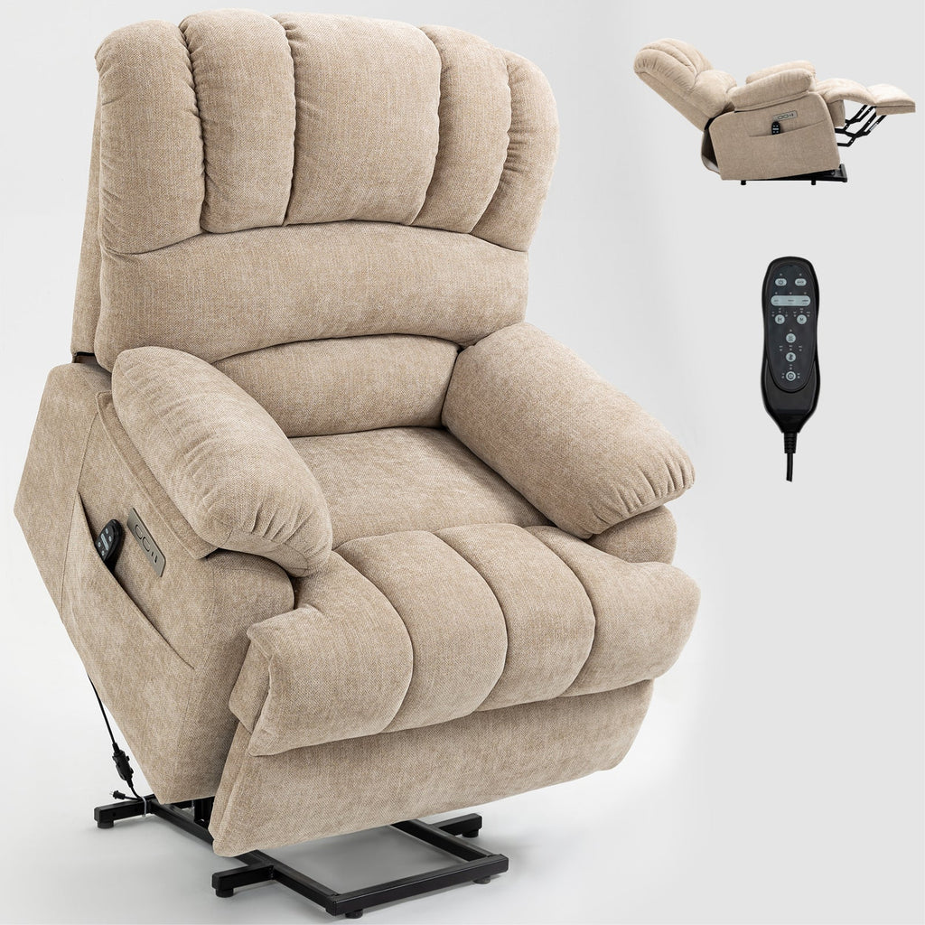 Lift Recliner Chair Power Oversized Chenille Beige 23 In Seat USB 350 LB