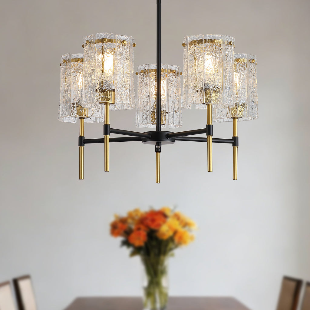 Chandelier 5-Light Black Gold Farmhouse Textured Glass Pendant Modern