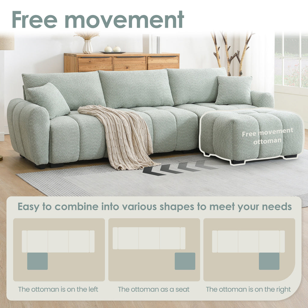 Sectional Sofa L-Shaped Boucle with Movable Ottoman Extra-Large Seat 3 Colors