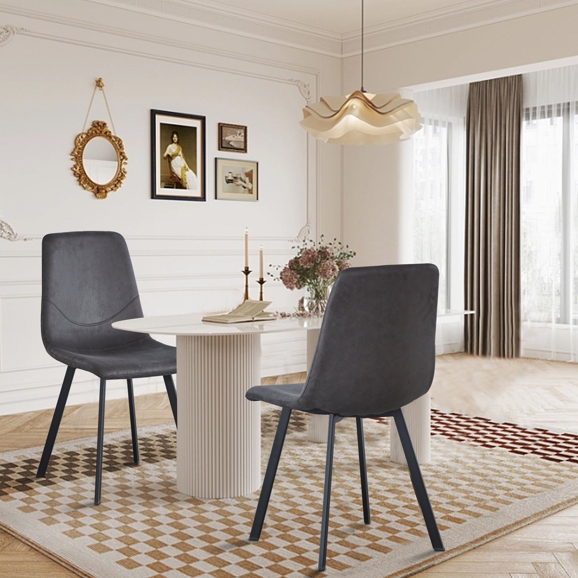 Dining Chair Mid-Century Modern Velvet Gray Metal Legs Set of 2