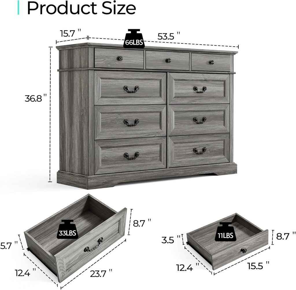Grey 9-Drawer SolidWood Dresser For Bedroom Storage