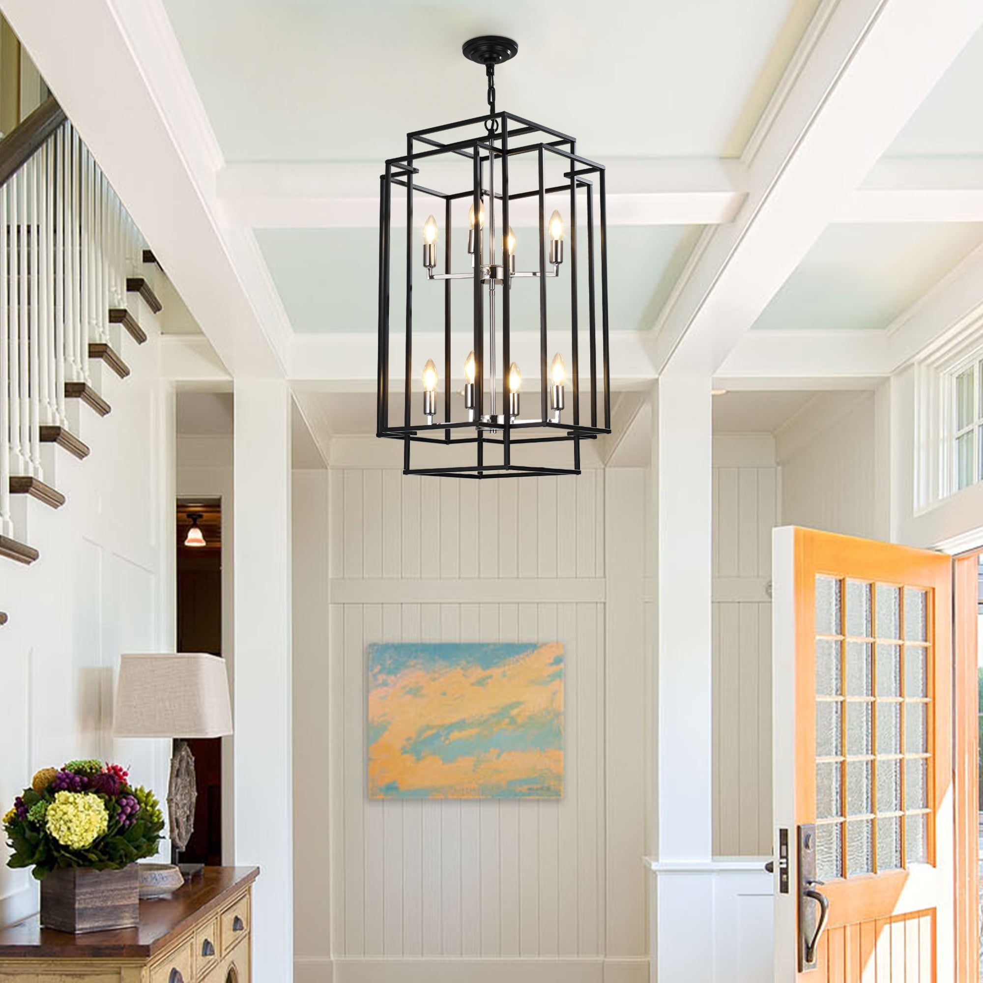 Chandelier 8-Light Black Chrome Geometric Industrial Metal Pendant 18 In