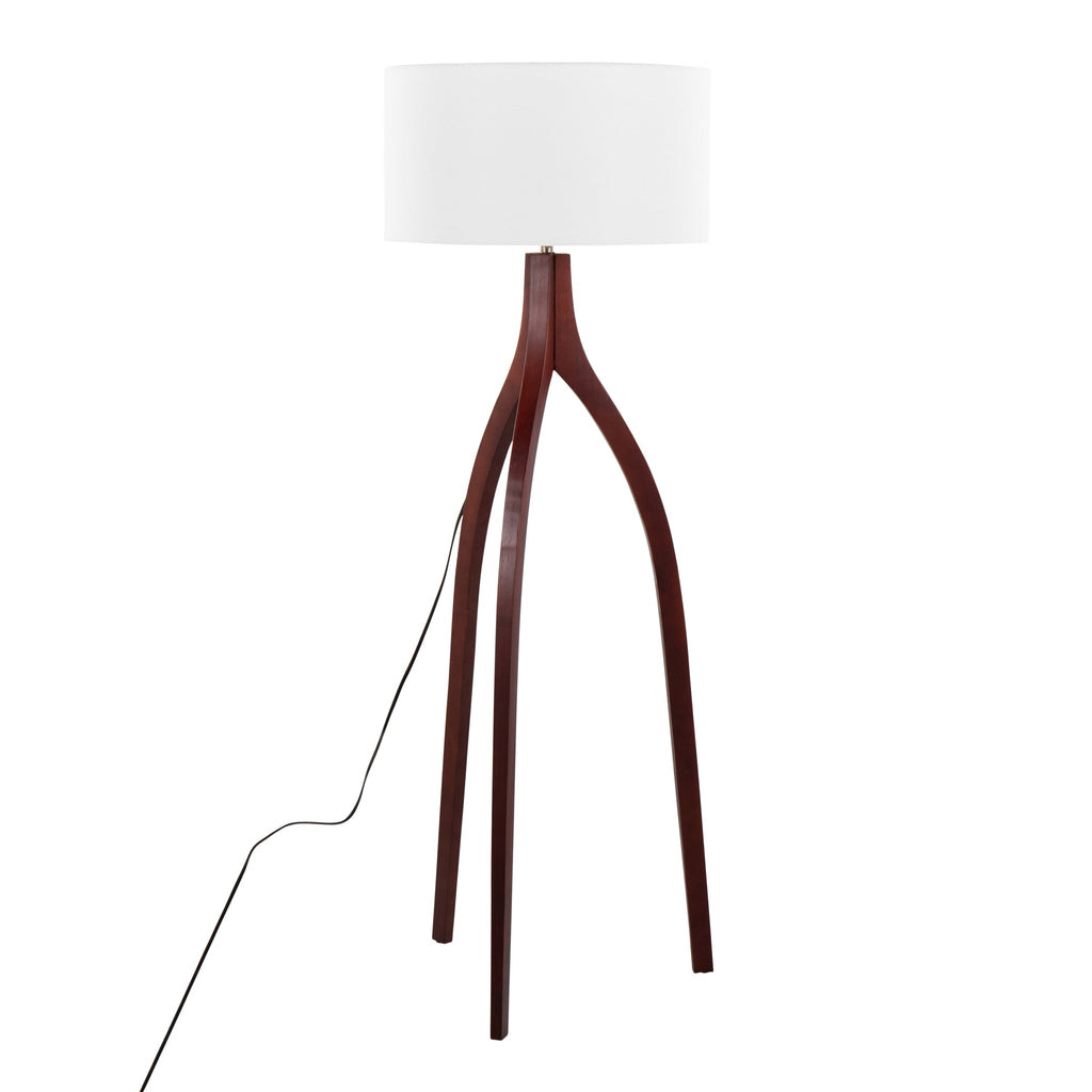 Wishbone Contemporary Floor Lamp in Walnut Wood with White Fabric Shade