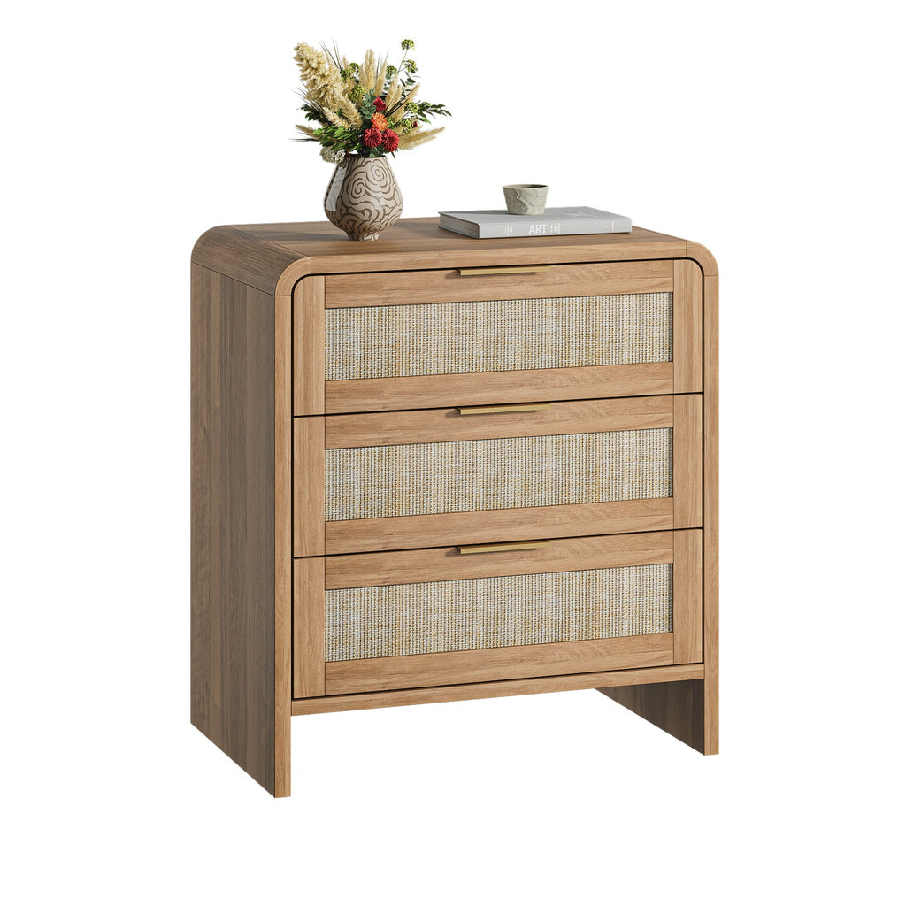 Rattan Nightstand with 3 Drawers, 22.8 in Wide, Curved Wood, Caramel Oak