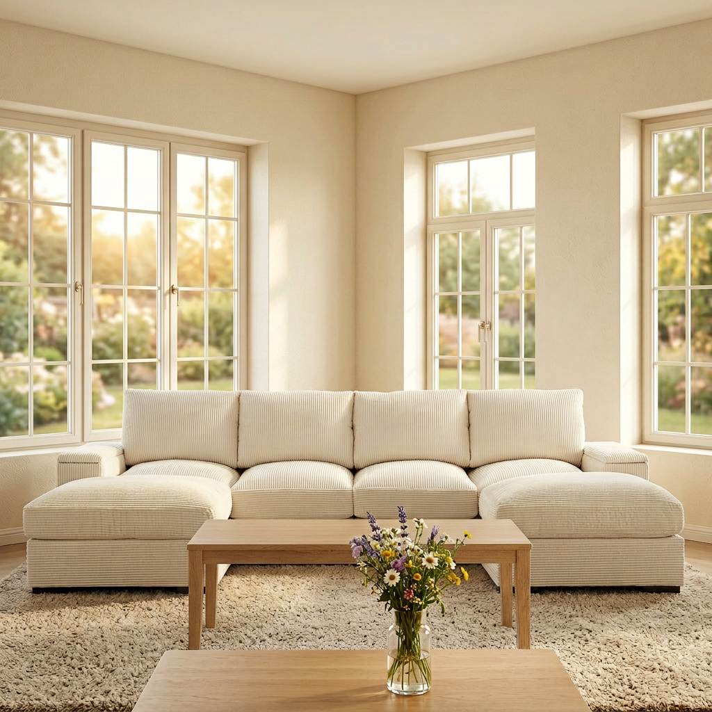 Sectional Sofa L-Shaped Modern Corduroy Beige 122-inch Sleeper with Ottomans