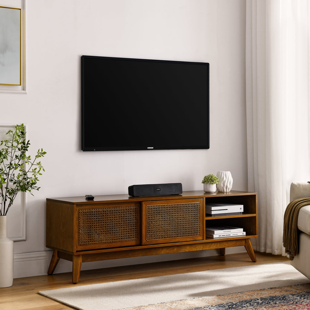 TV Stand Mid-Century Boho Rattan MDF Brown Ebony Sliding Door Fits 65 In TV