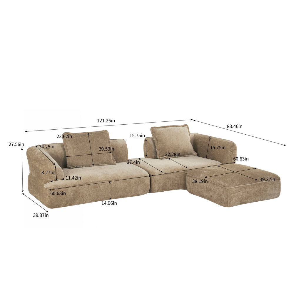 Sectional Sofa L-Shape Deep Seat Polyester Off-White 4 Seat 122 In