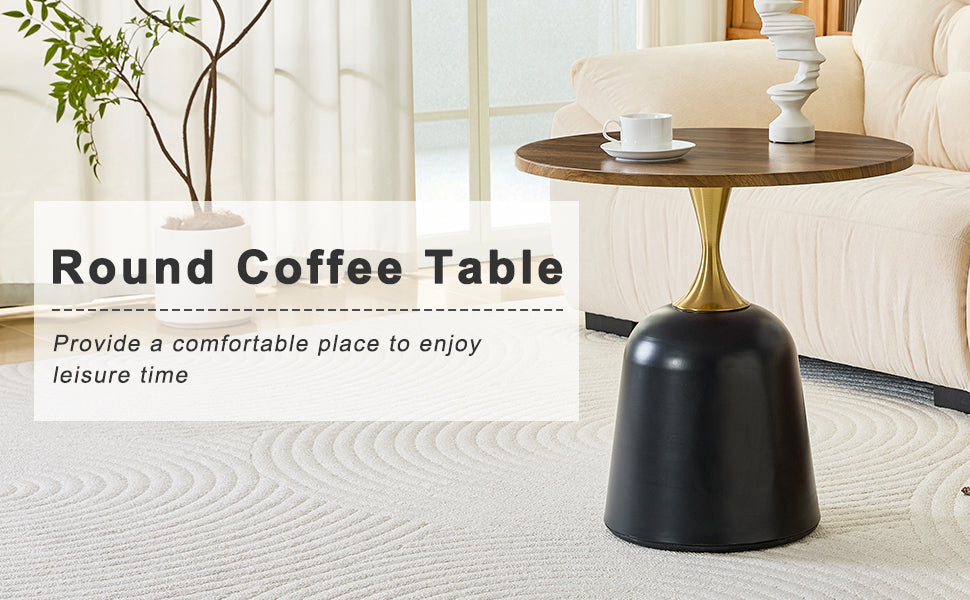 23.6 in Round Side Table, Metal Base, Walnut Wood Grain, Living Room Office