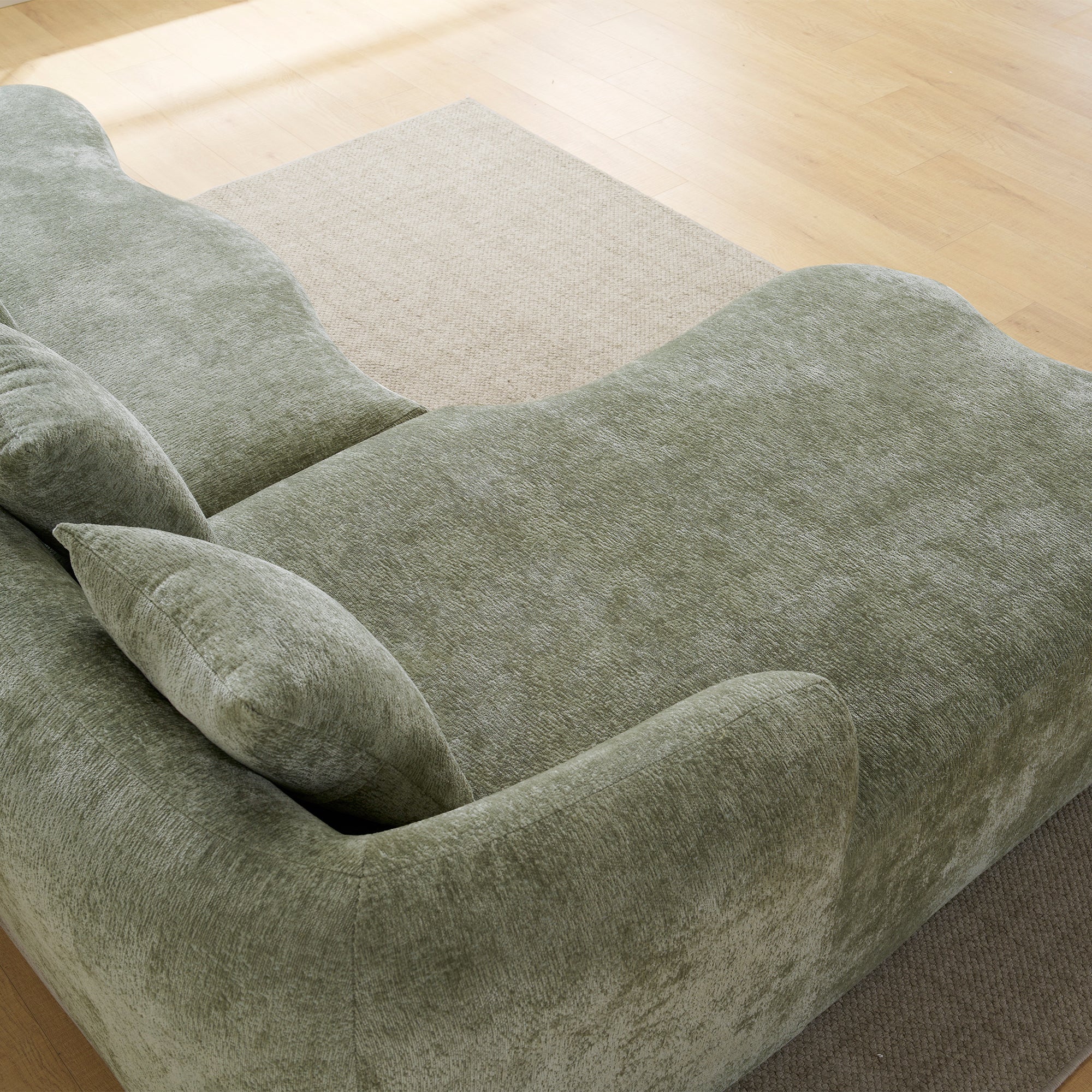 Sectional Sofa l Shape Chenille Green Curved Chaise with Foam and Spring Support