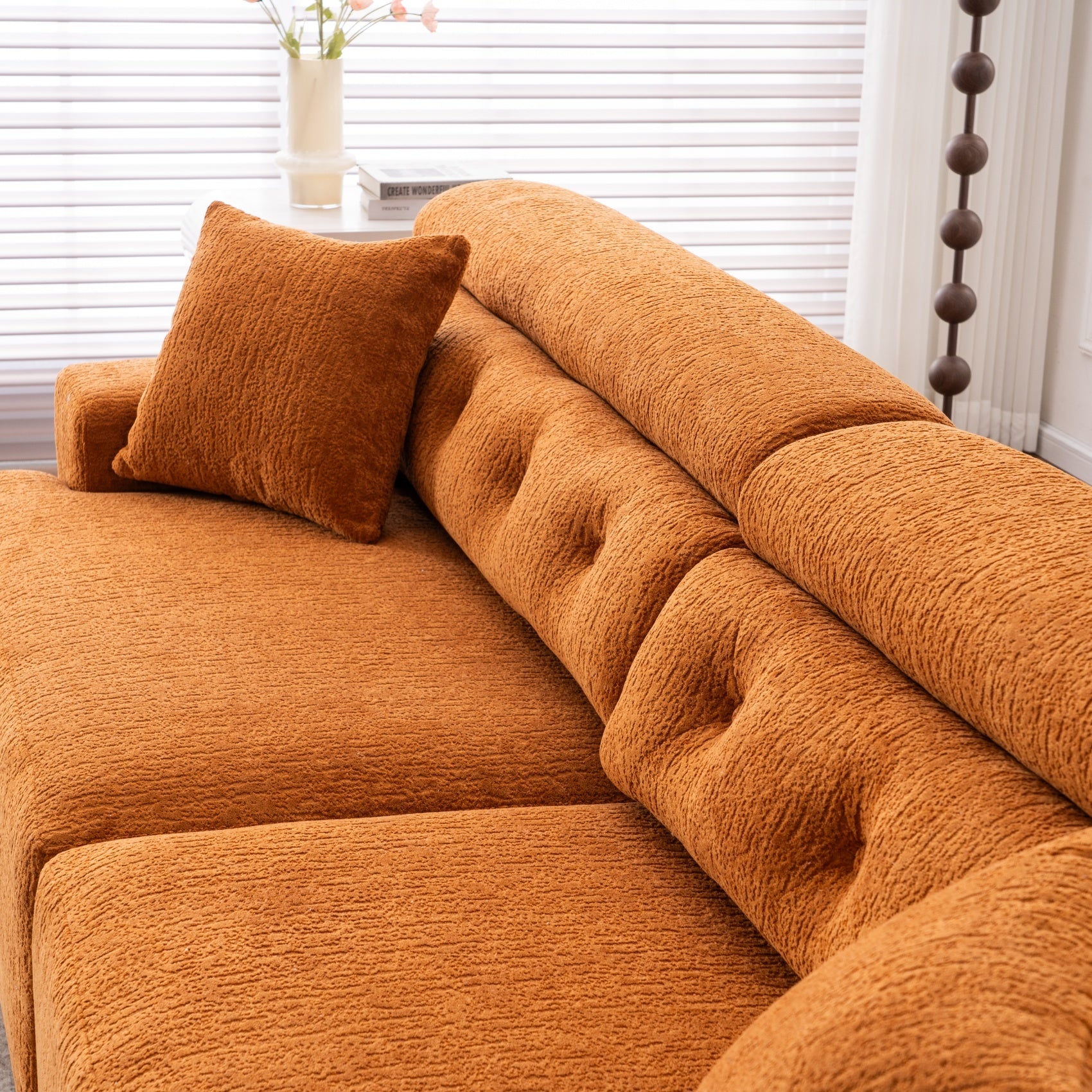Reconfigurable 4-Seater Sectional Sofa with Wood Grain Chenille Fabric, Amber Orange Modular Sofa with 2 Pillows, High-Density Sponge Couch for Living Room & Apartment