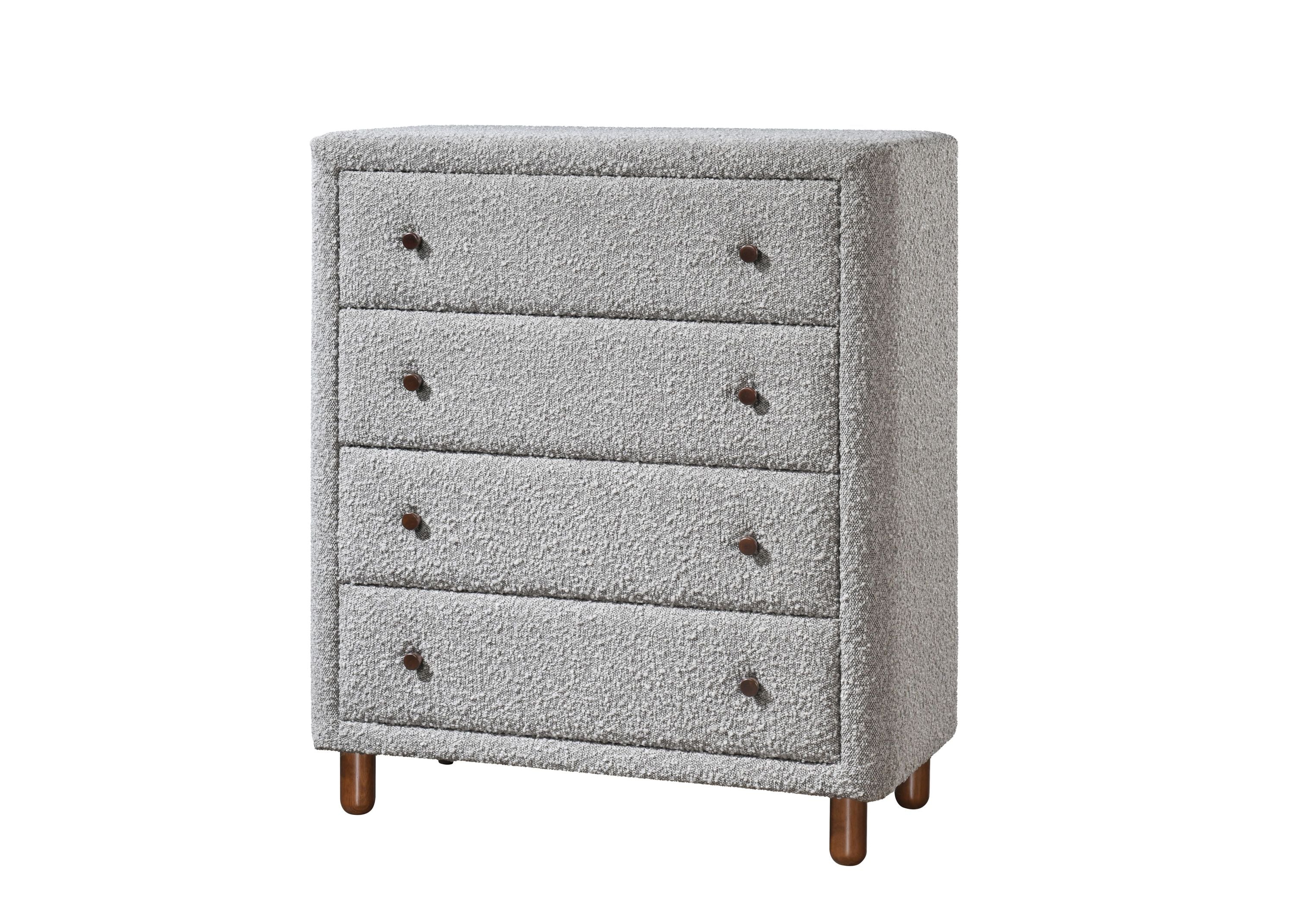 Chest of Drawers Gray Boucle Fabric 4-Drawer Rubber Wood MDF 33x38 In