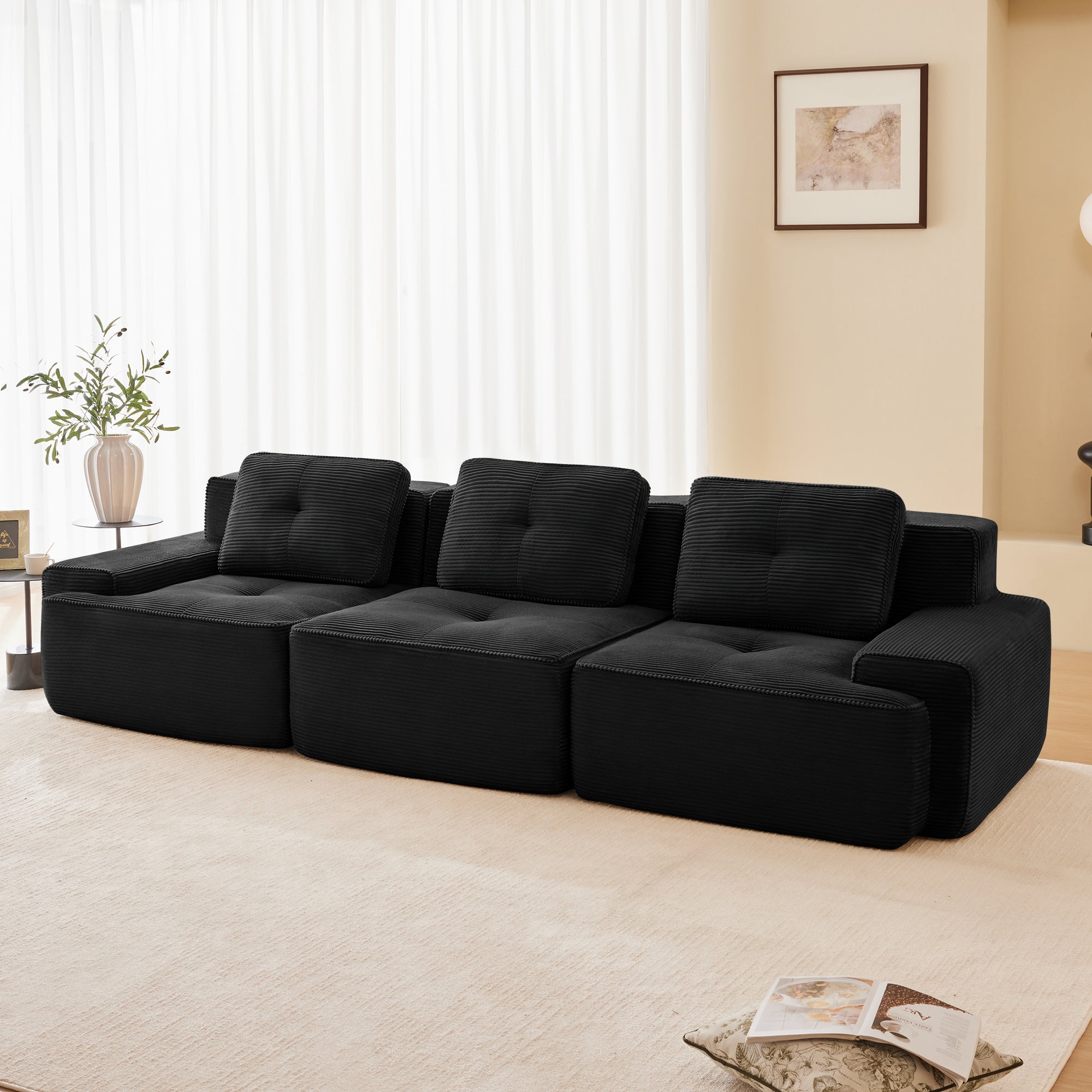 Sectional Sofa Modular Corduroy Black 3 Seater Tufted