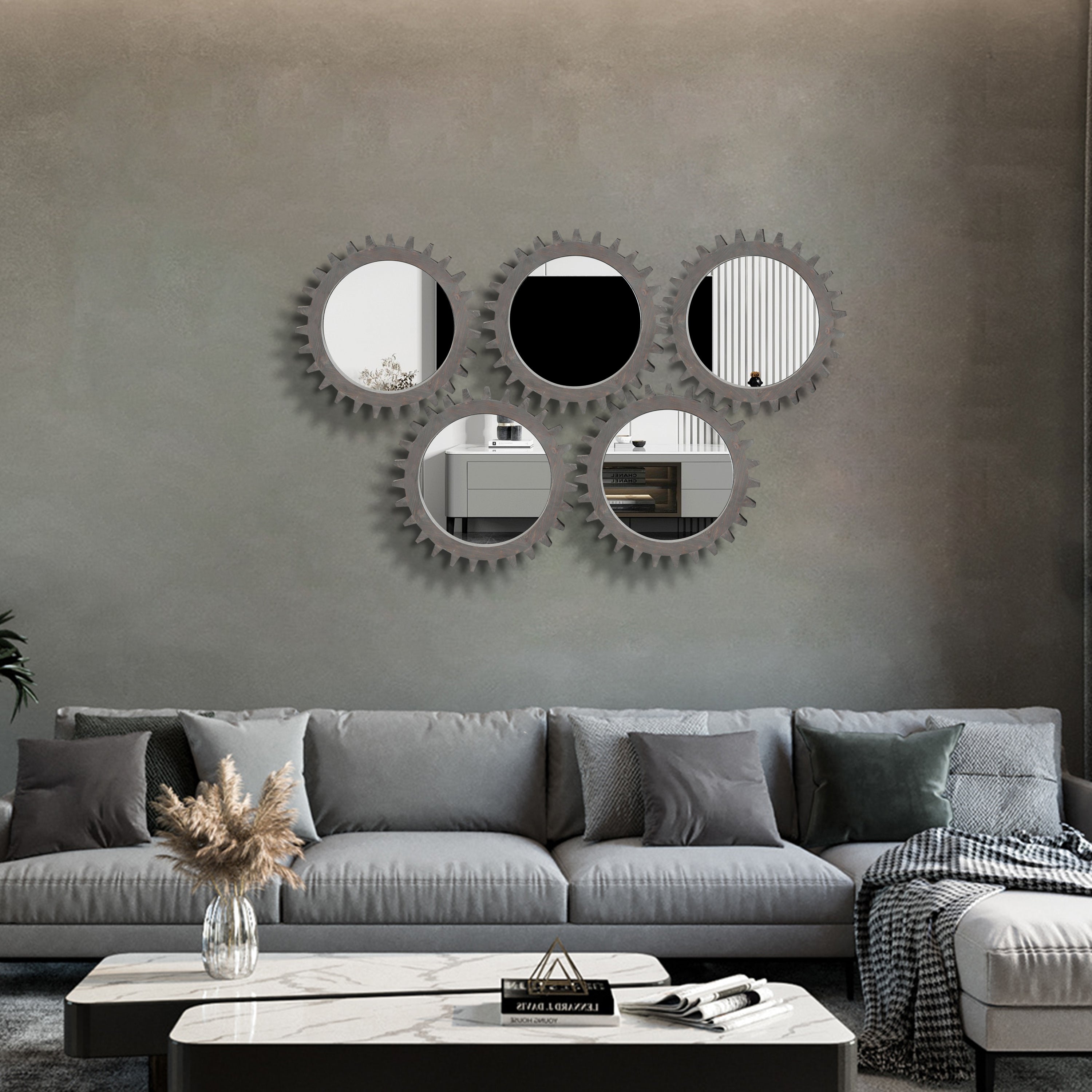 Wall Mirror Round Gear Shape Antique Dark Brown Wood 17x17 Inch Living Room