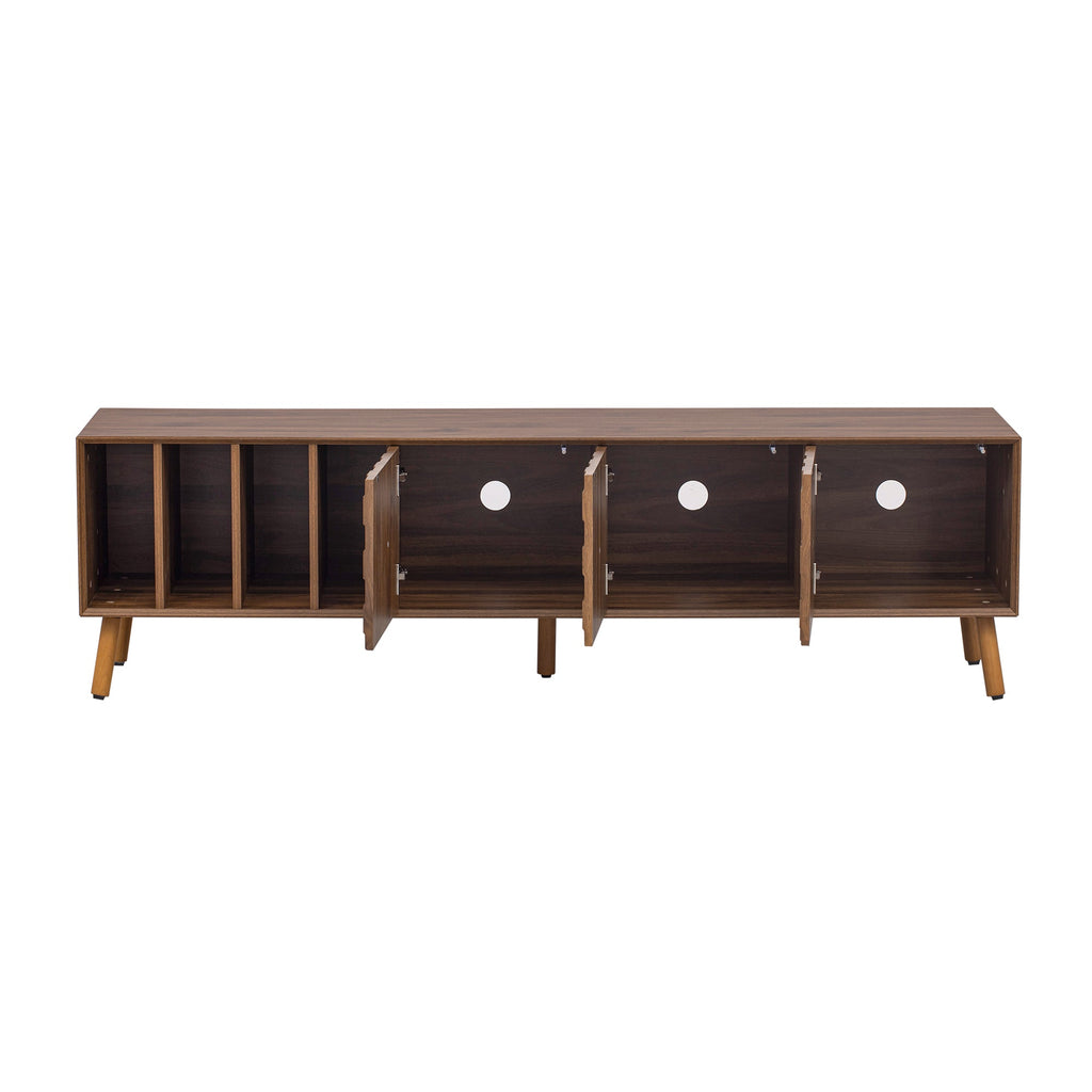 TV Stand Mid-Century Walnut Solid Wood MDF Push-Pop Doors Fits 80 In TV