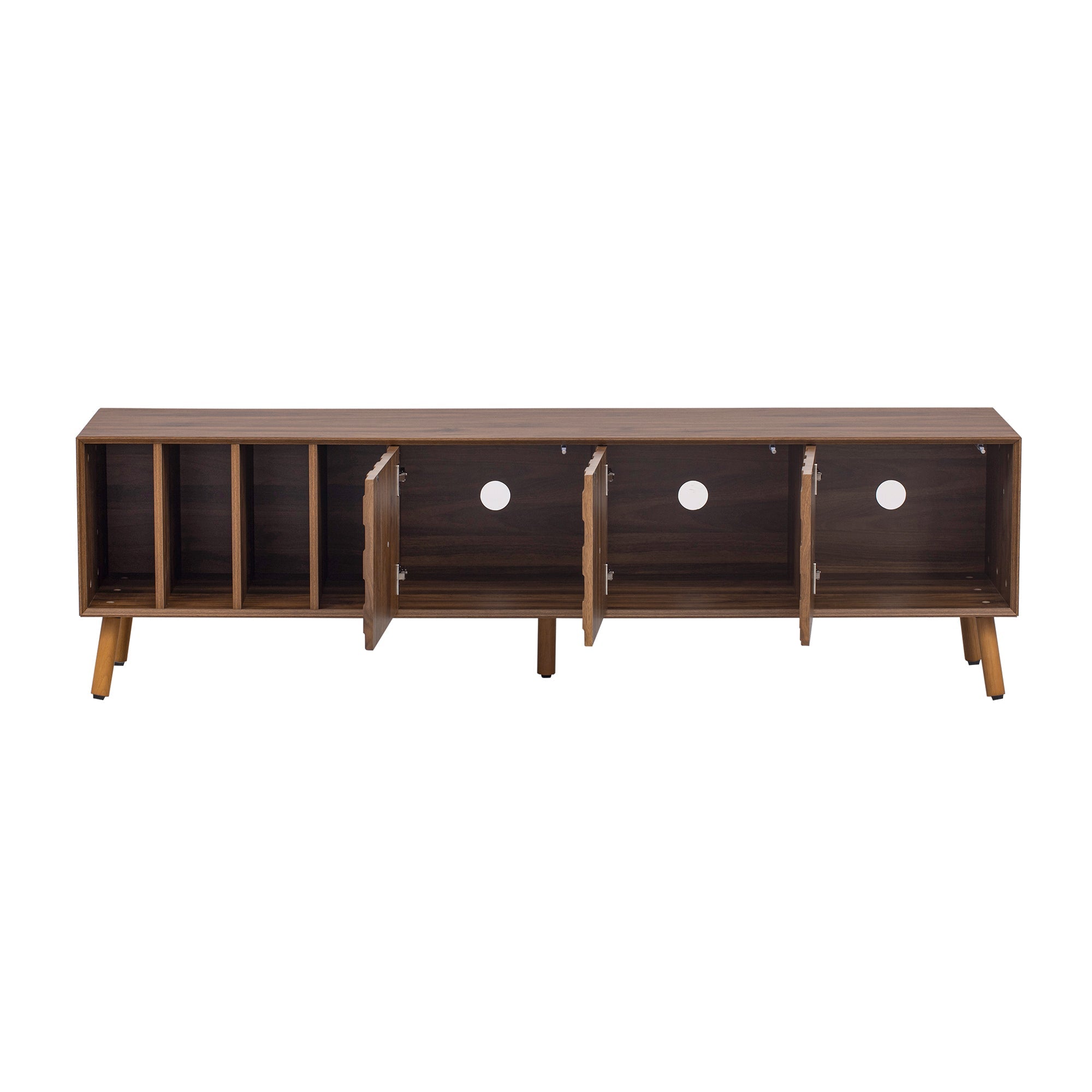 TV Stand Mid-Century Walnut Solid Wood MDF Push-Pop Doors Fits 80 In TV