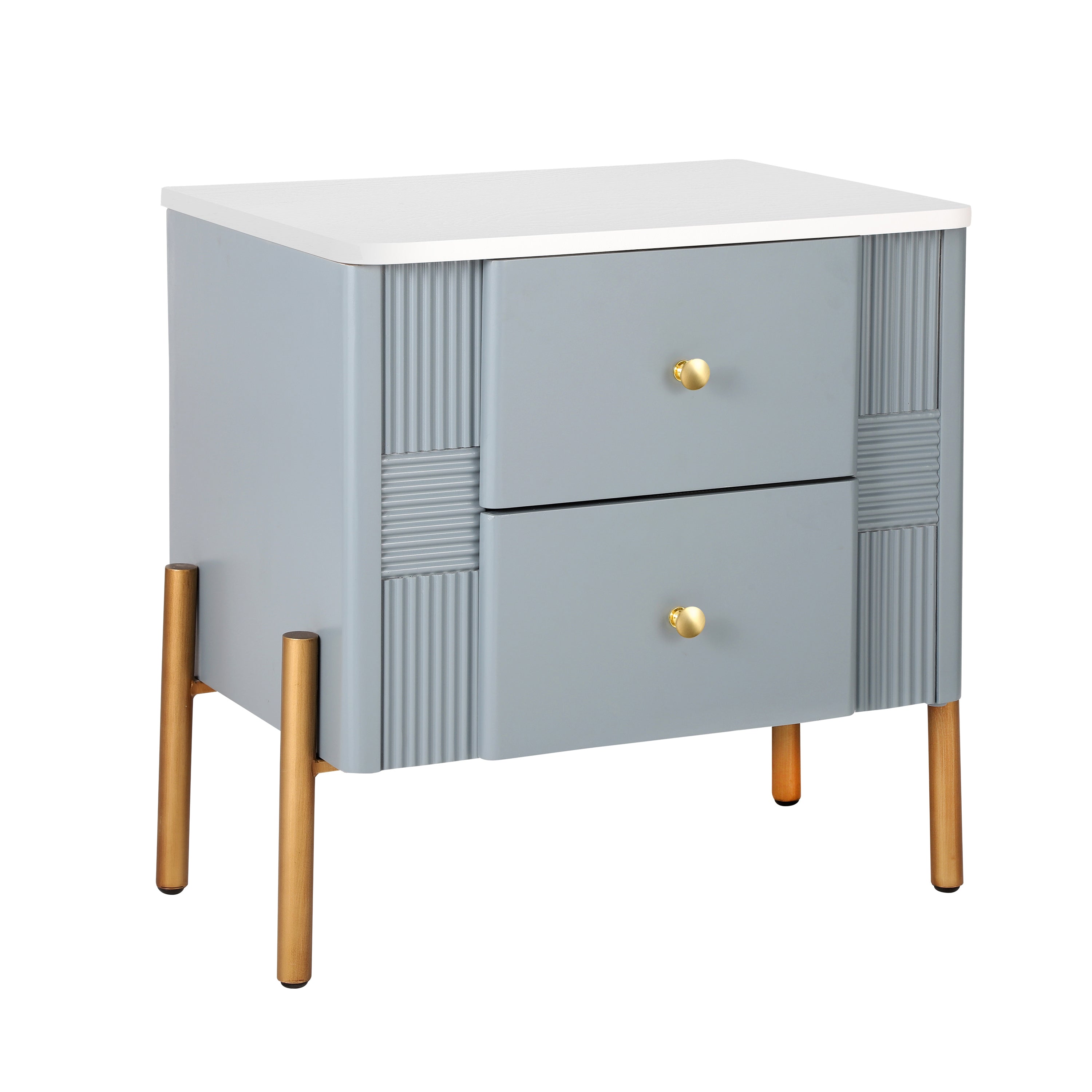 Modern Fluted Nightstand with 2 Drawers, Gold Metal Legs and Handles, Blue