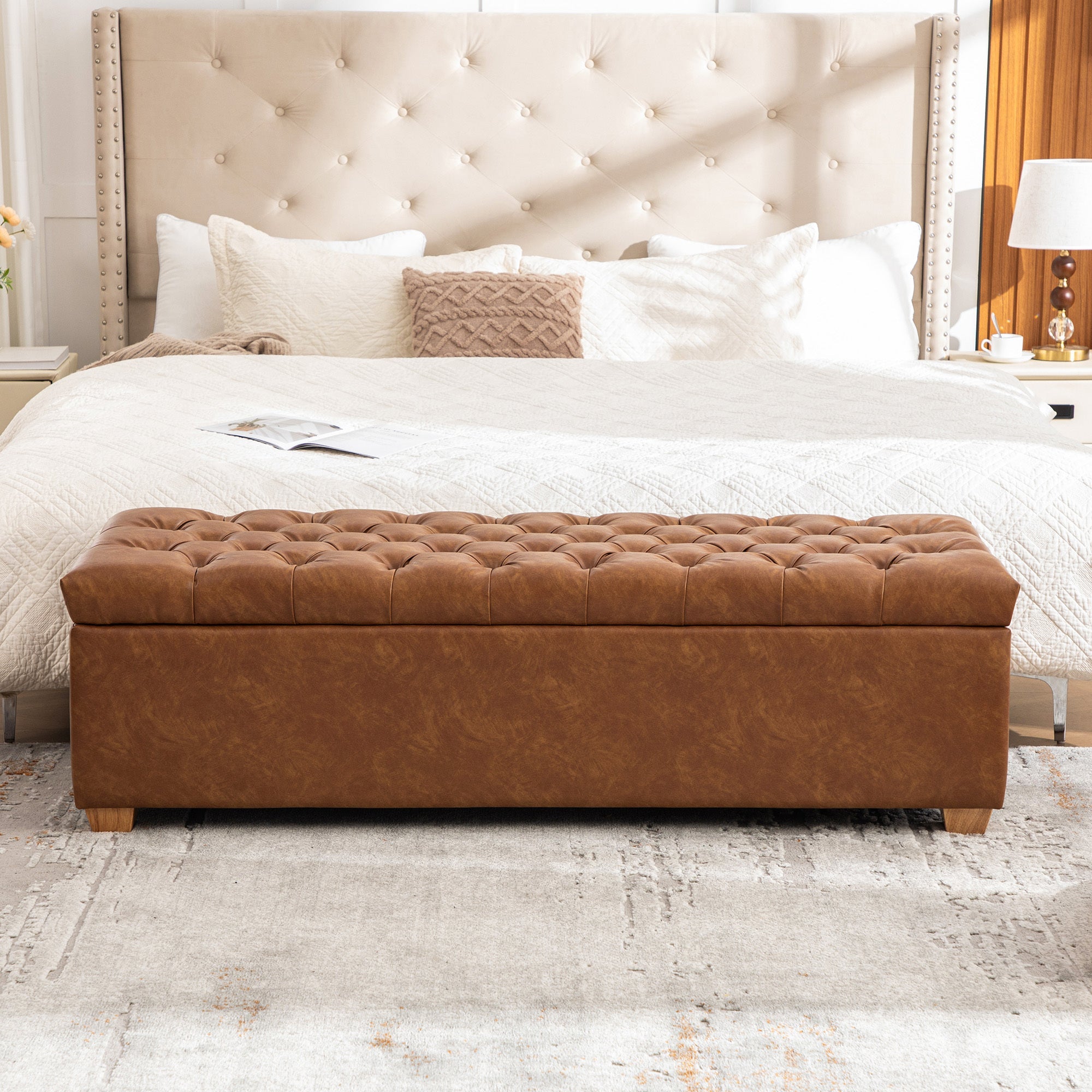 Storage Bench Tufted End of Bed Pu Upholstered Brown 60.2in Wide