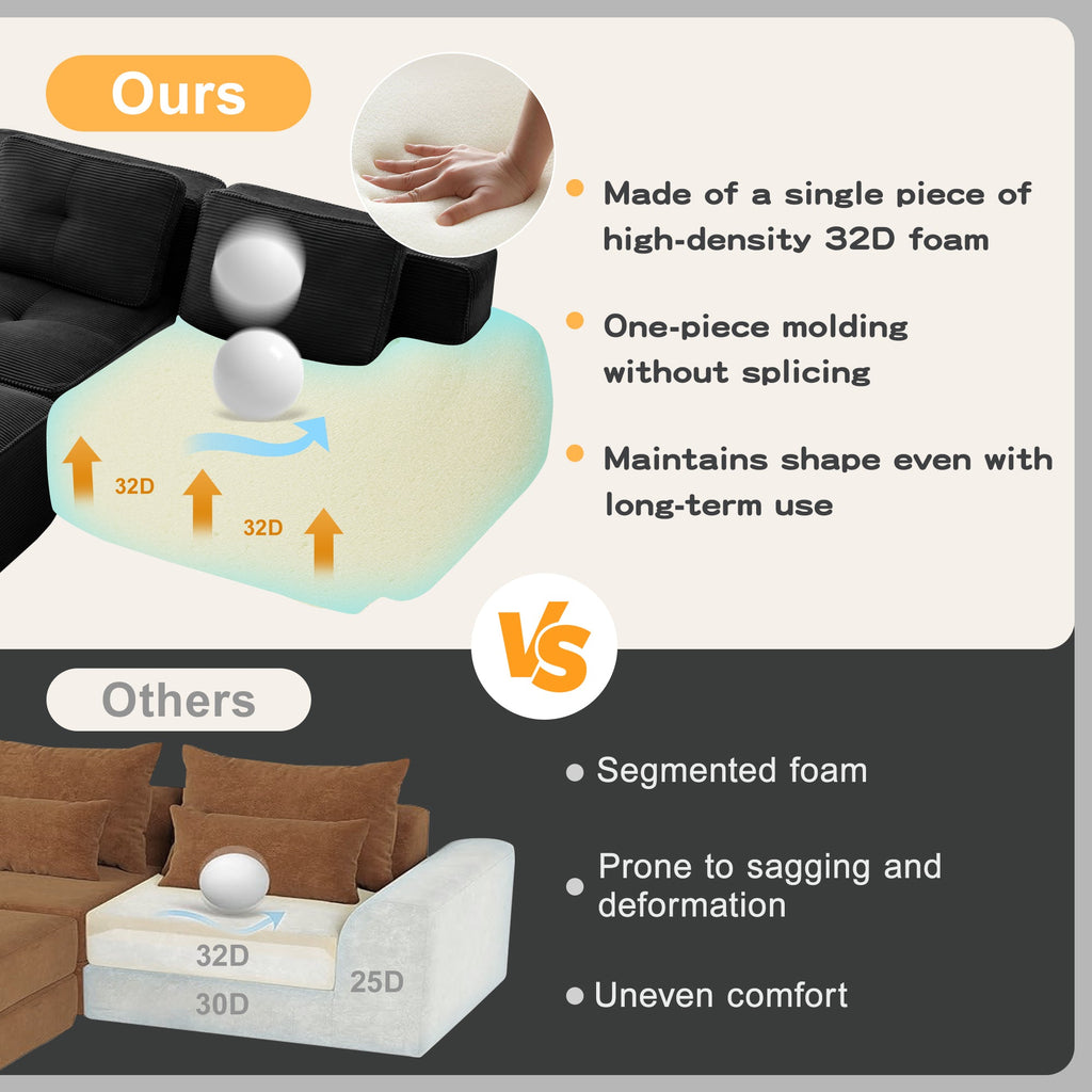 Sectional Sofa Modular Corduroy Black 3 Seater Tufted