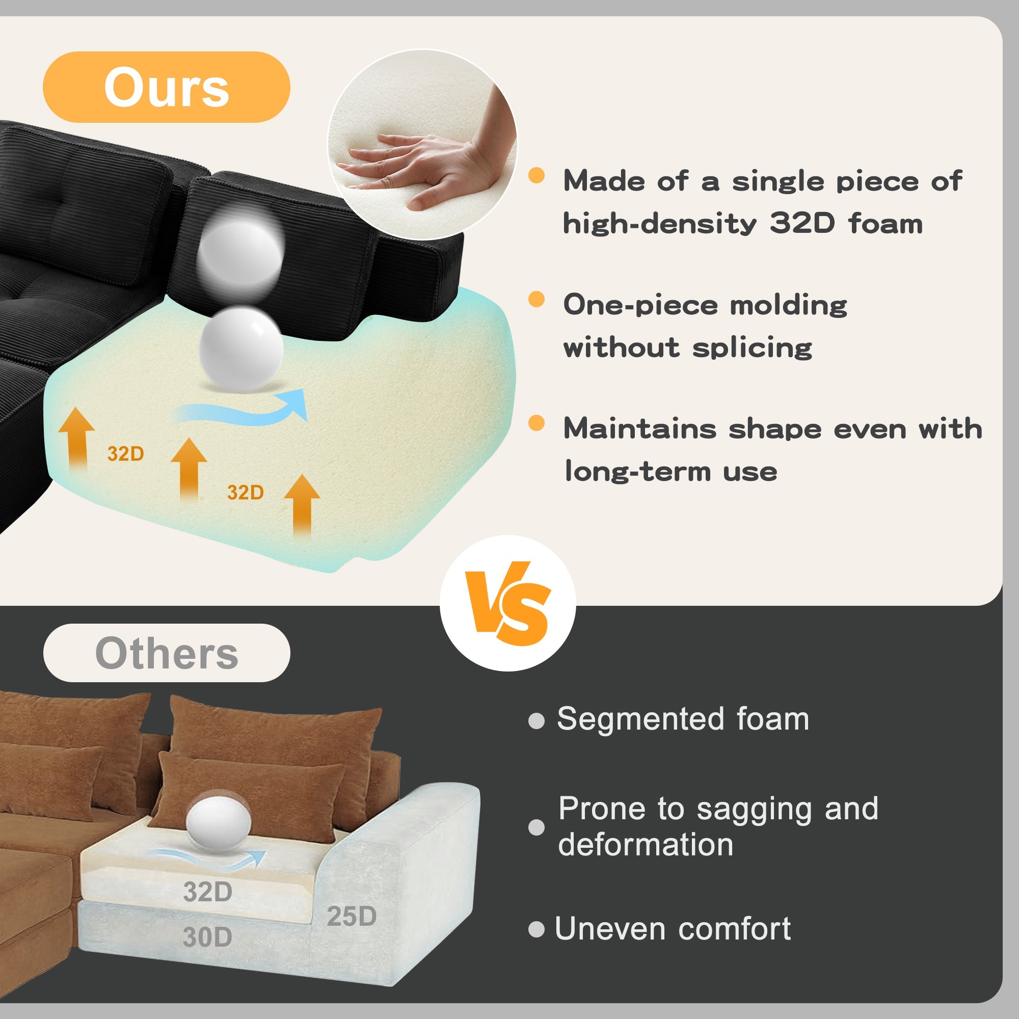 Sectional Sofa Modular Corduroy Black 3 Seater Tufted