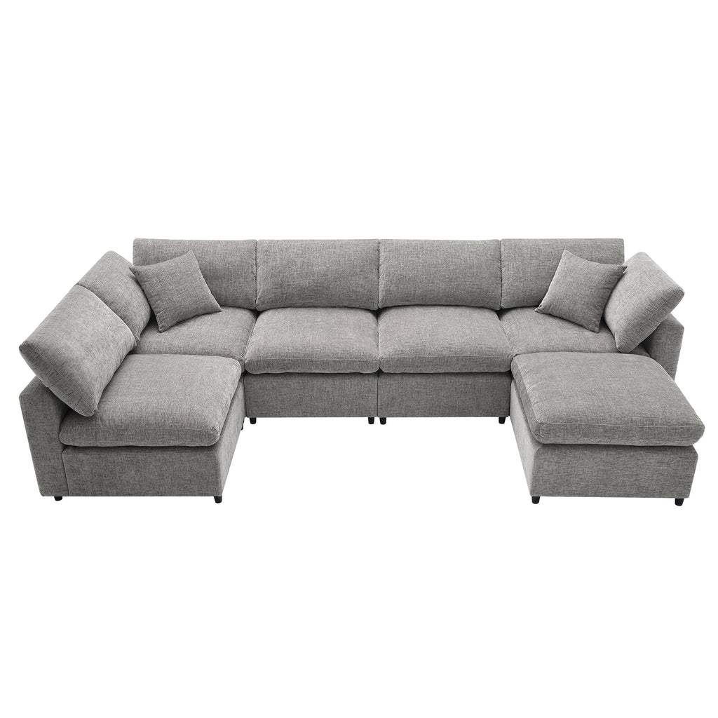 Sofa Modular U-Shape Chenille Gray 6 Seat Convertible Ottoman 130 In