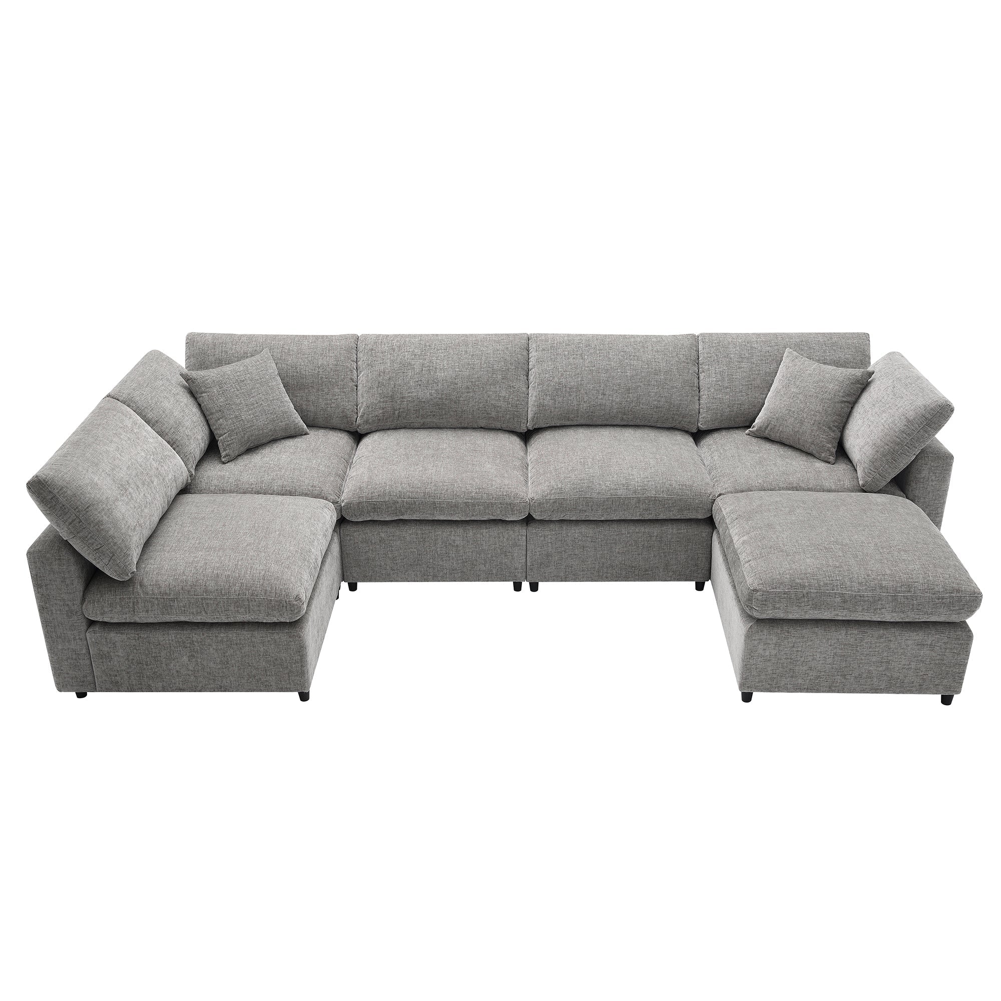 Sofa Modular U-Shape Chenille Gray 6 Seat Convertible Ottoman 130 In