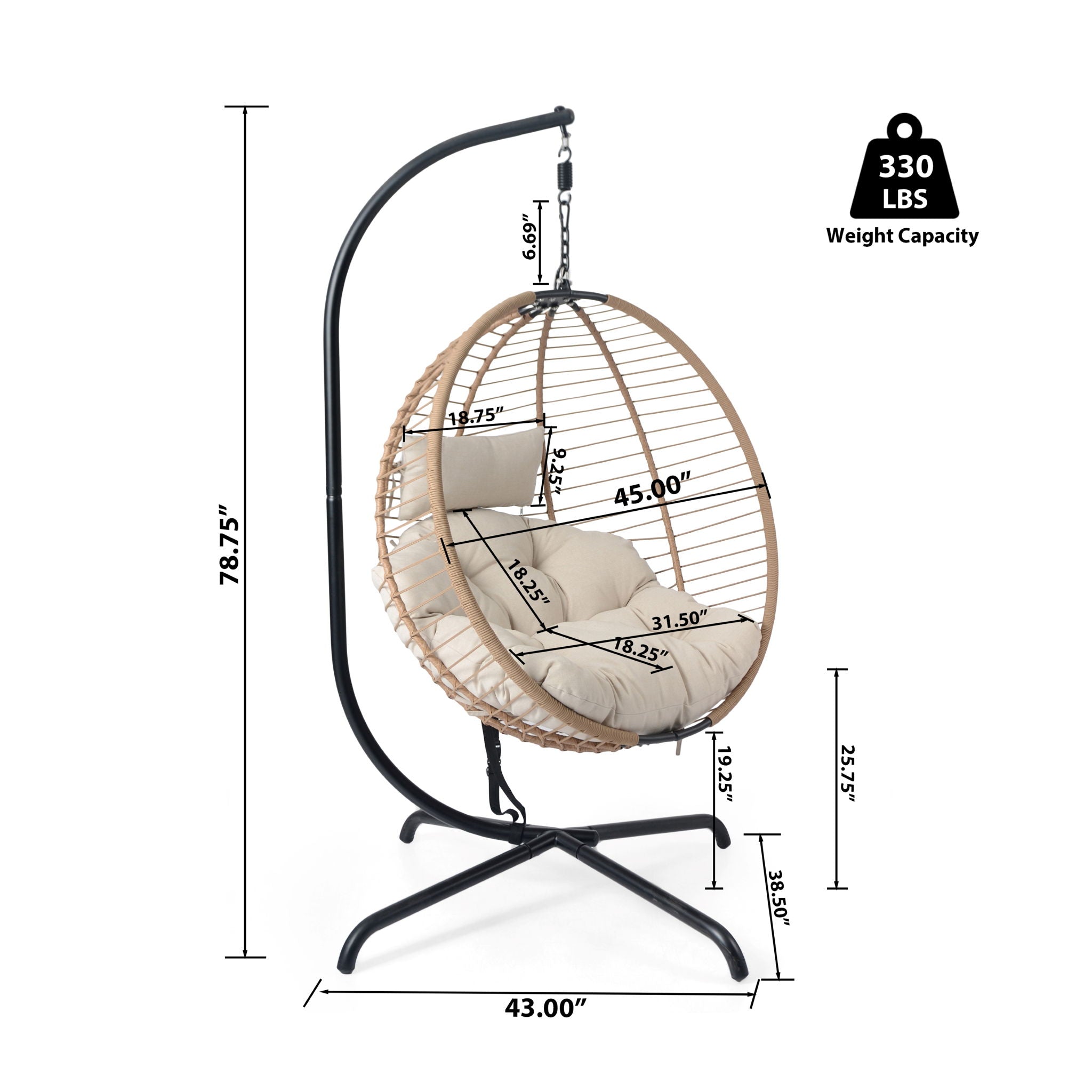 Sora Outdoor Patio Wicker Hanging Chair With Stand - Beige / Brown