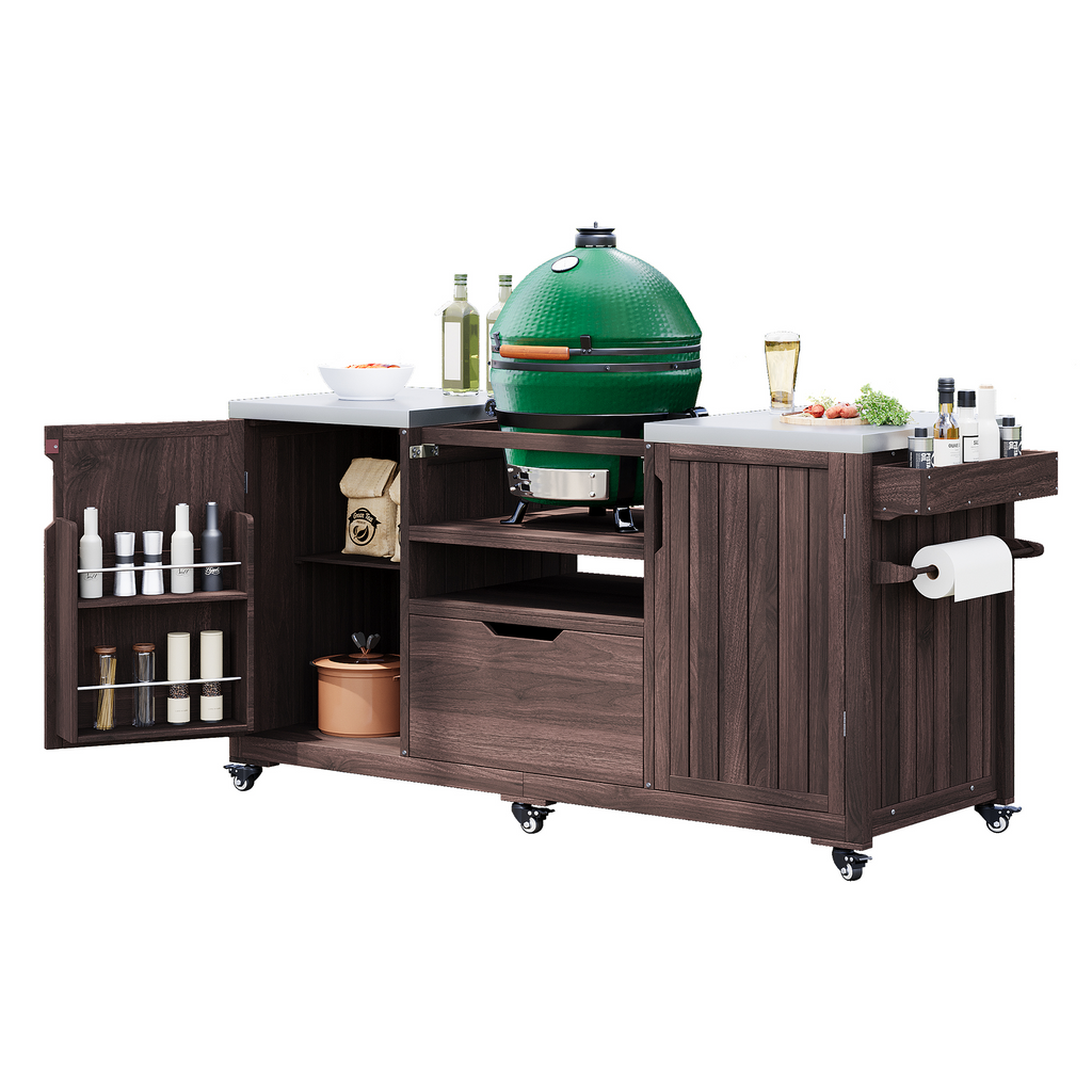 Outdoor Kitchen Island Grill Cart Fir Wood Stainless Steel Top 66.5x23x34 In