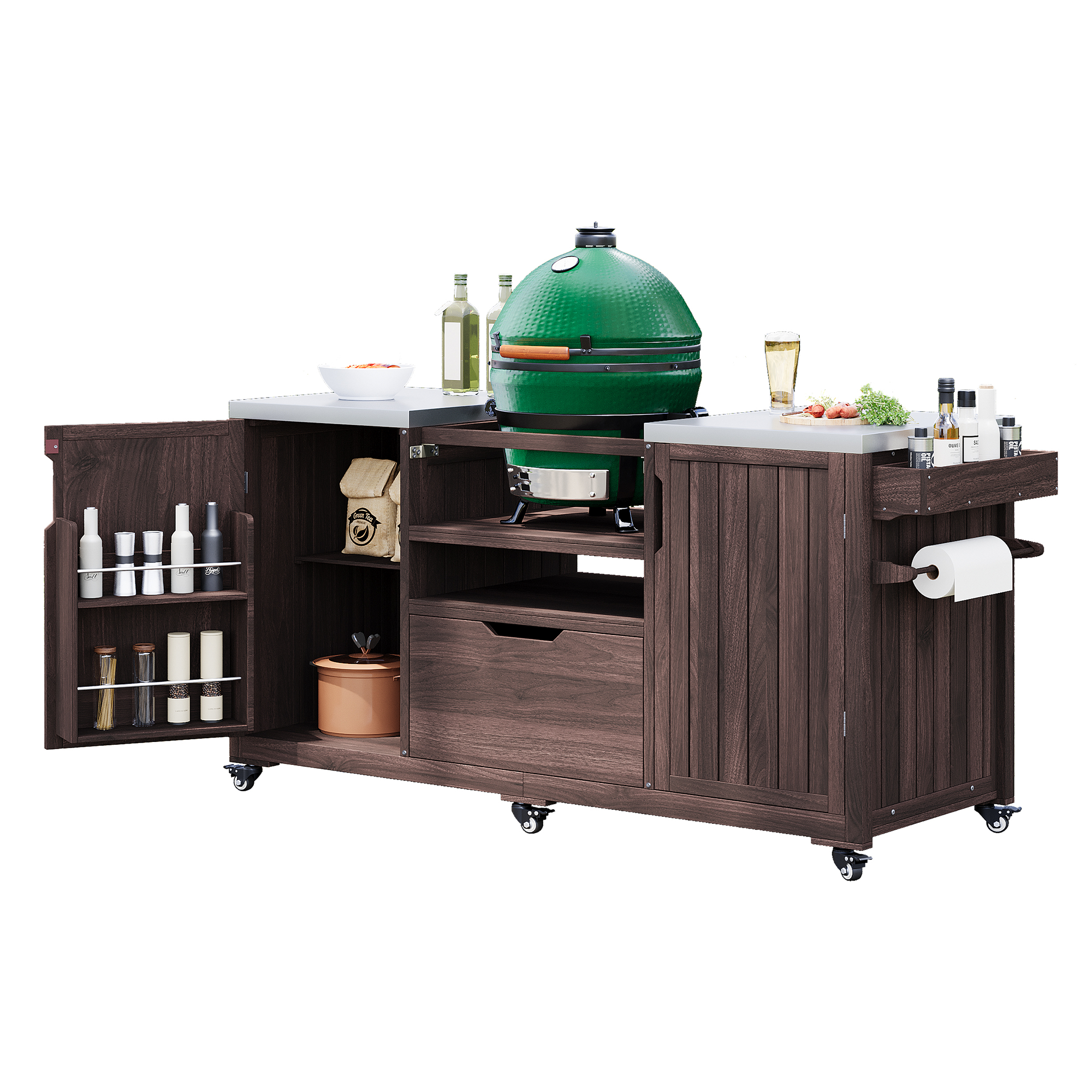 Outdoor Kitchen Island Grill Cart Fir Wood Stainless Steel Top 66.5x23x34 In
