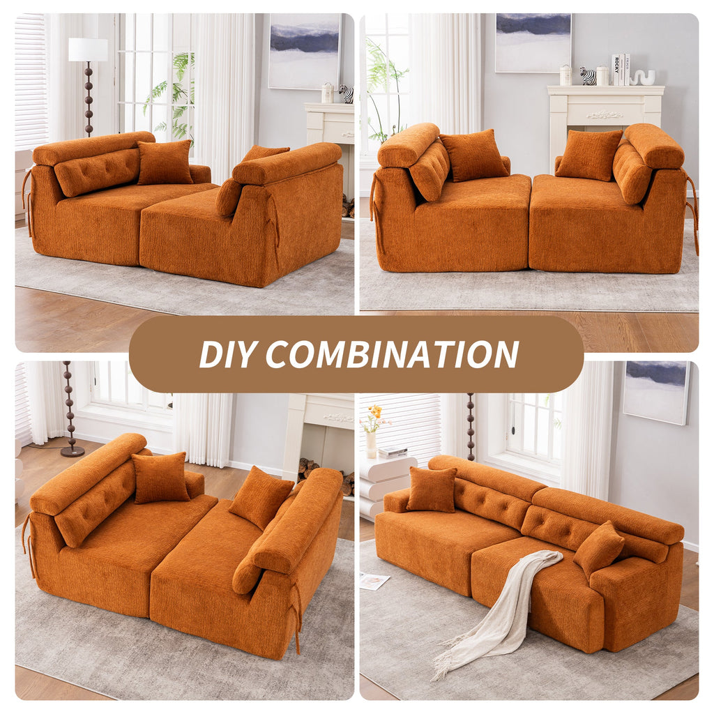 Reconfigurable 4-Seater Sectional Sofa with Wood Grain Chenille Fabric, Amber Orange Modular Sofa with 2 Pillows, High-Density Sponge Couch for Living Room & Apartment