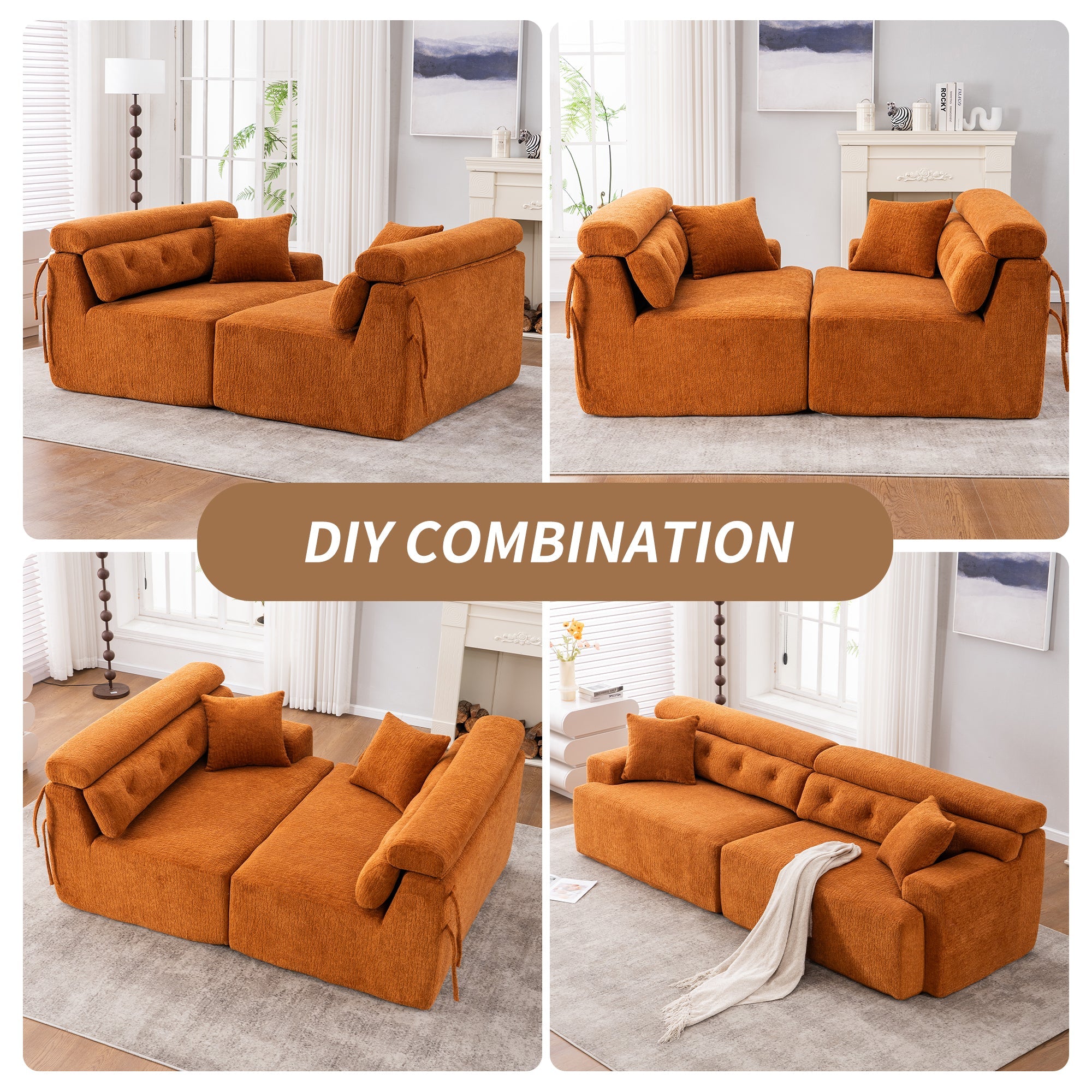 Reconfigurable 4-Seater Sectional Sofa with Wood Grain Chenille Fabric, Amber Orange Modular Sofa with 2 Pillows, High-Density Sponge Couch for Living Room & Apartment