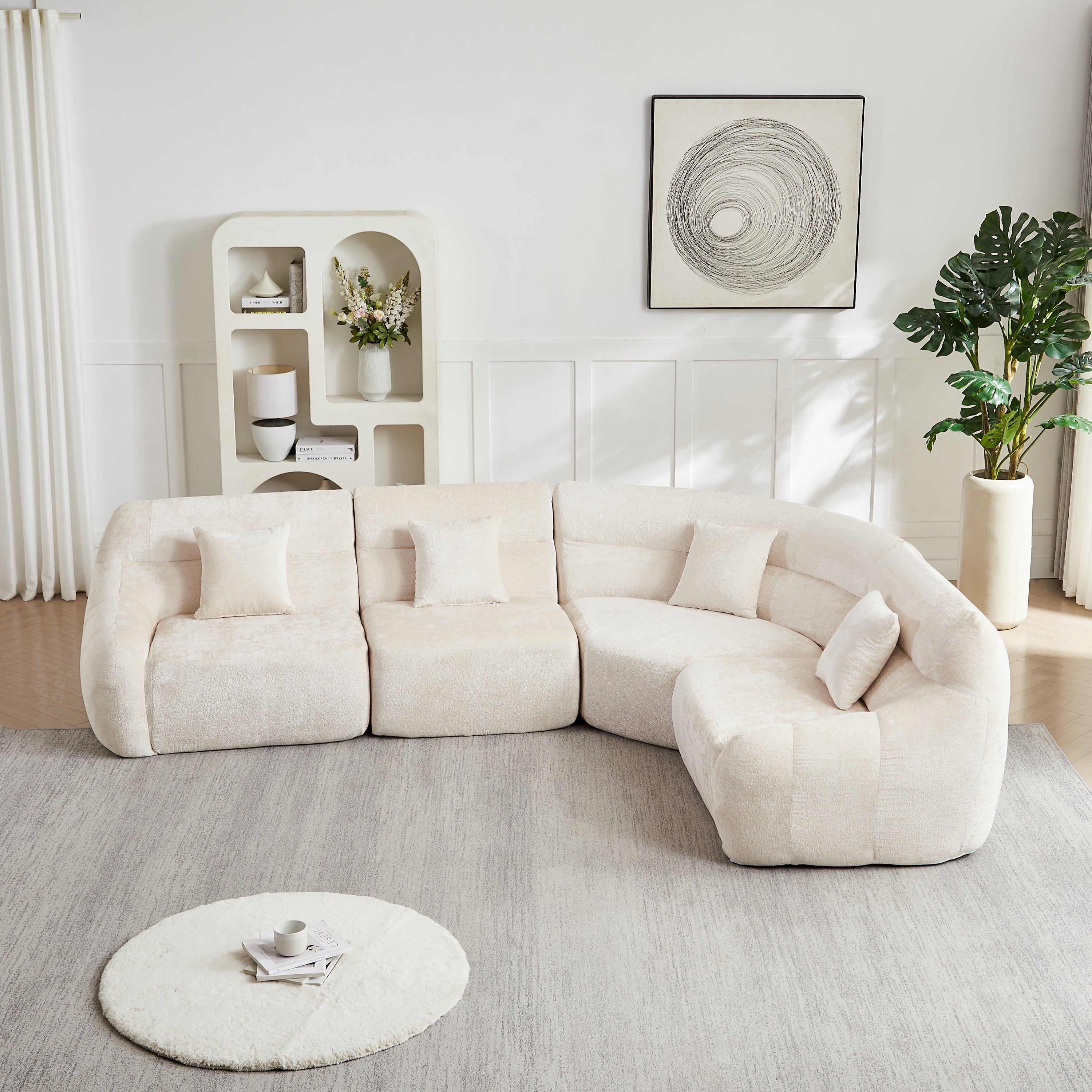 Sectional Sofa Curved Beige Chenille 123.2 Inch Four Pillows No Assembly