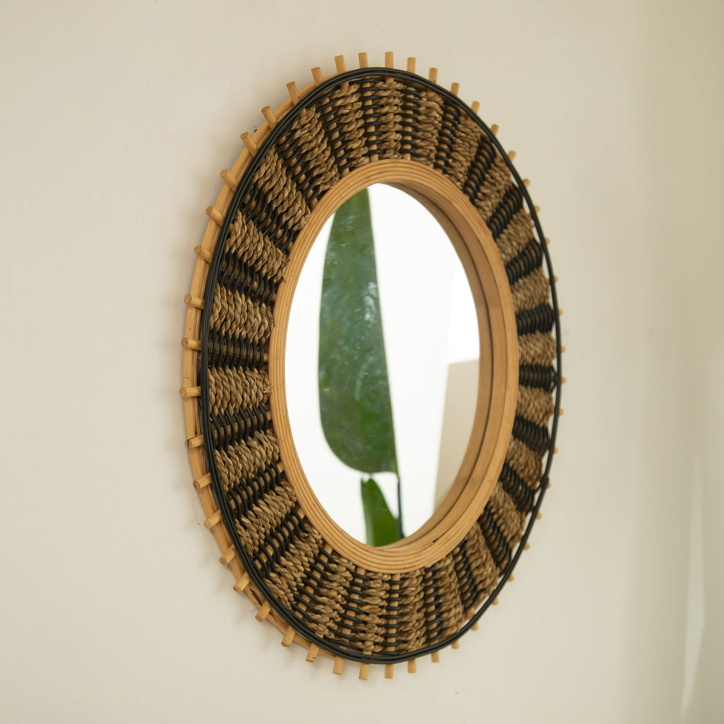 Round Wall Mirror Boho Bamboo Natural Frame 23-inch Large Living Room