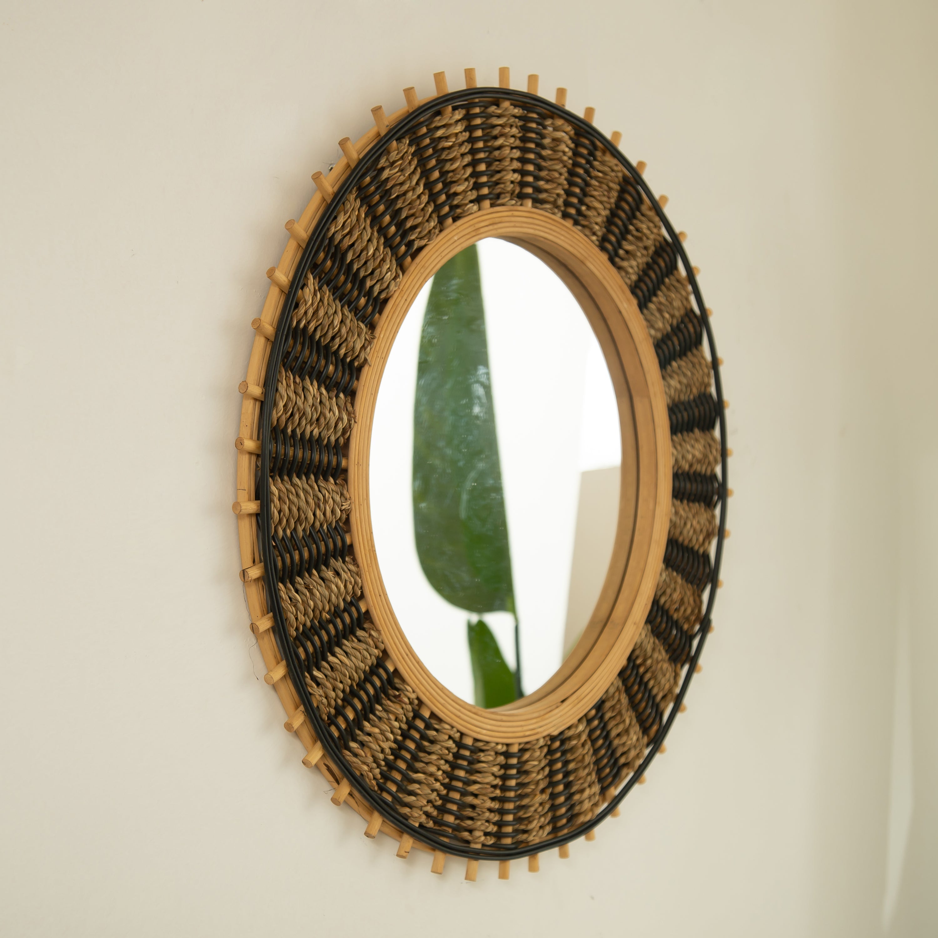 Round Wall Mirror Boho Bamboo Natural Frame 23-inch Large Living Room