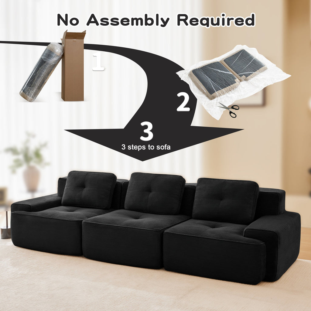 Sectional Sofa Modular Corduroy Black 3 Seater Tufted