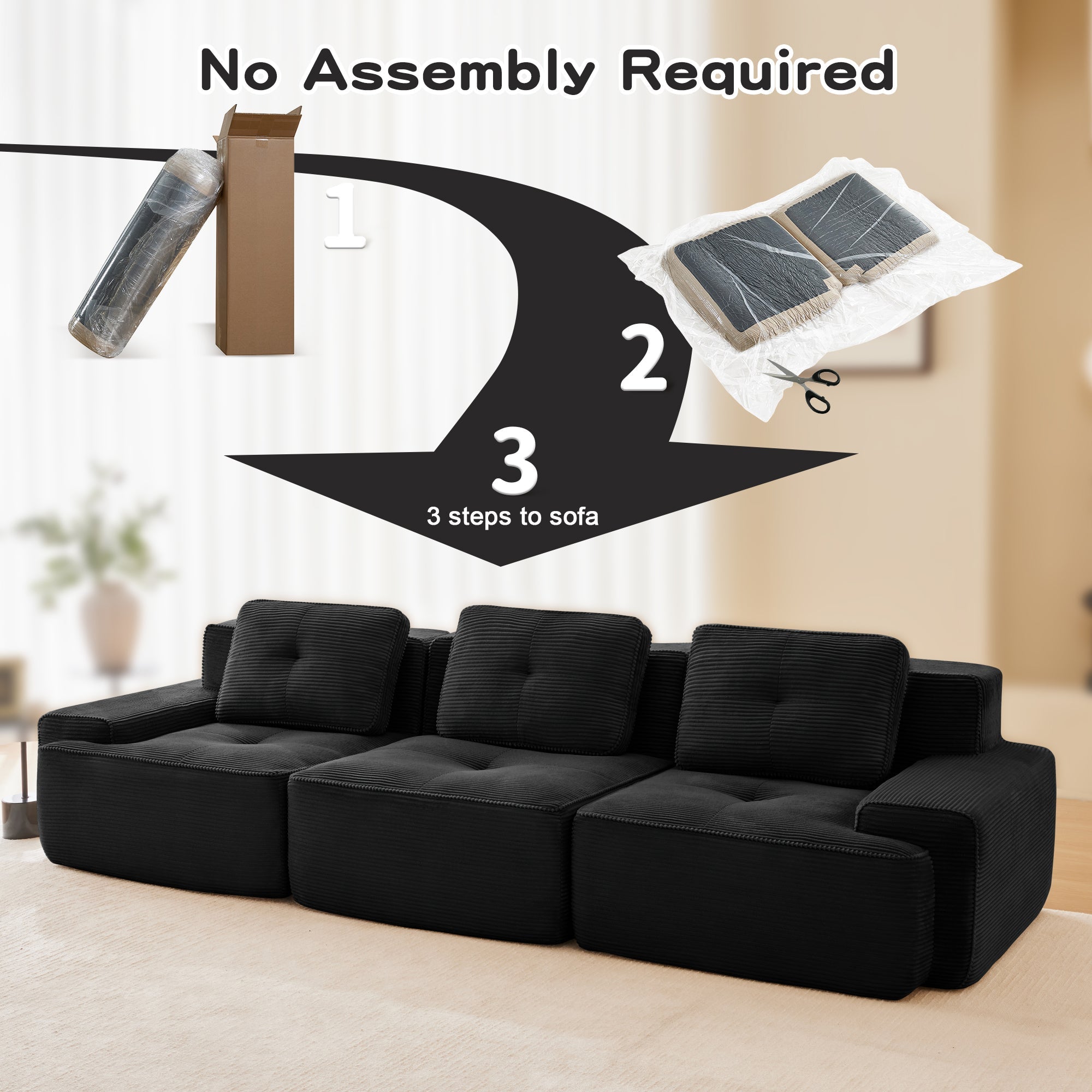 Sectional Sofa Modular Corduroy Black 3 Seater Tufted