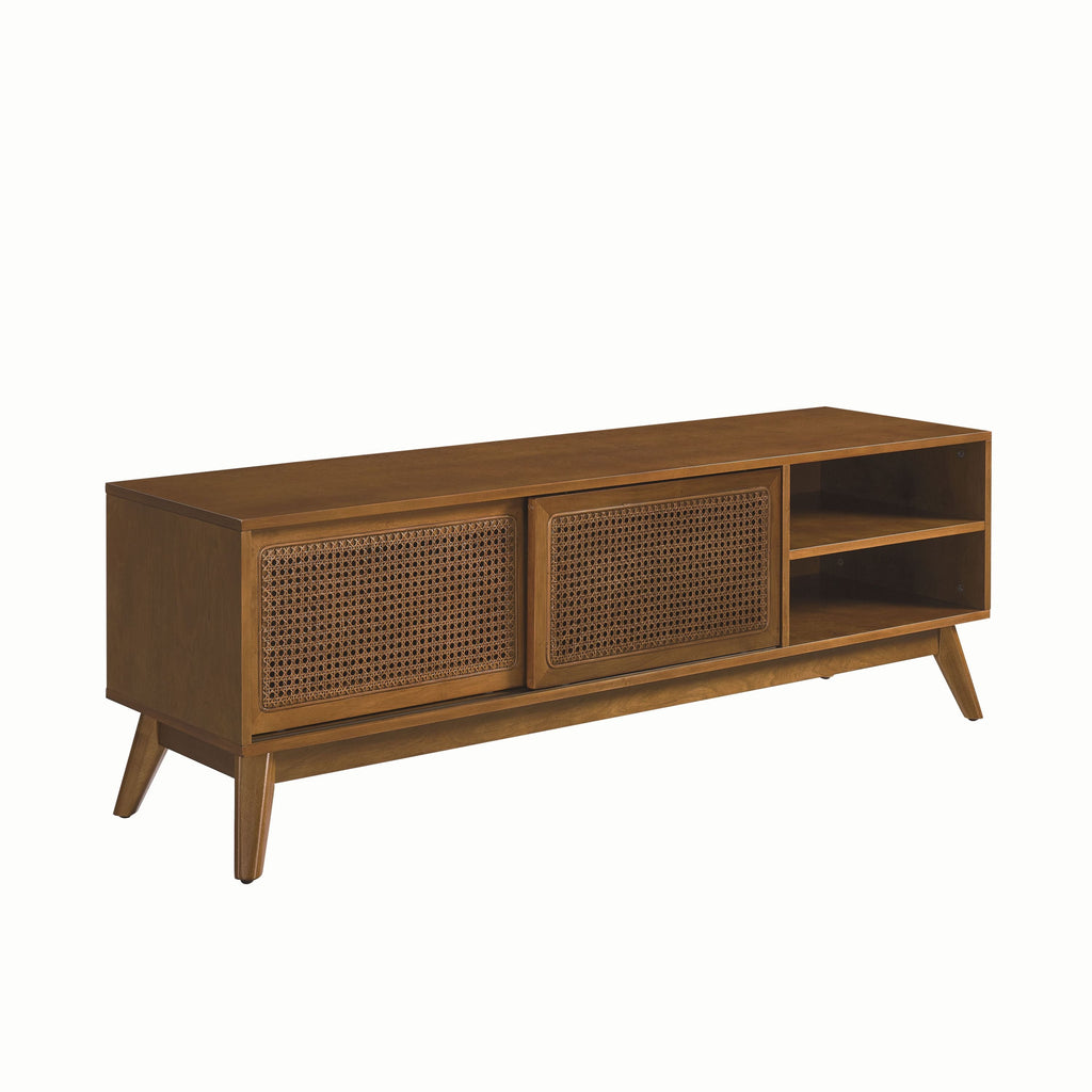 TV Stand Mid-Century Boho Rattan MDF Brown Ebony Sliding Door Fits 65 In TV