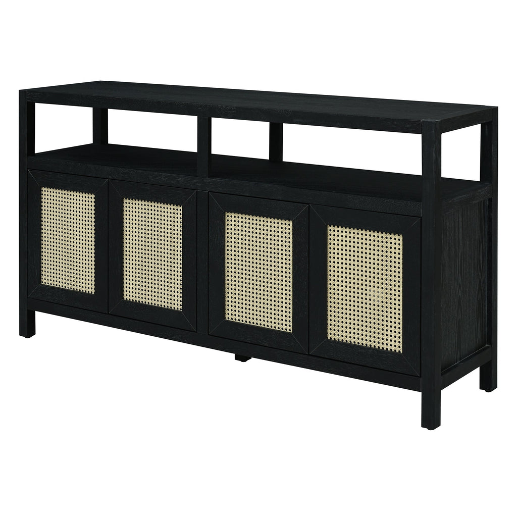 TREXM Bohemian Style Rattan Buffet Storage Cabinet with Solid Wood Frame