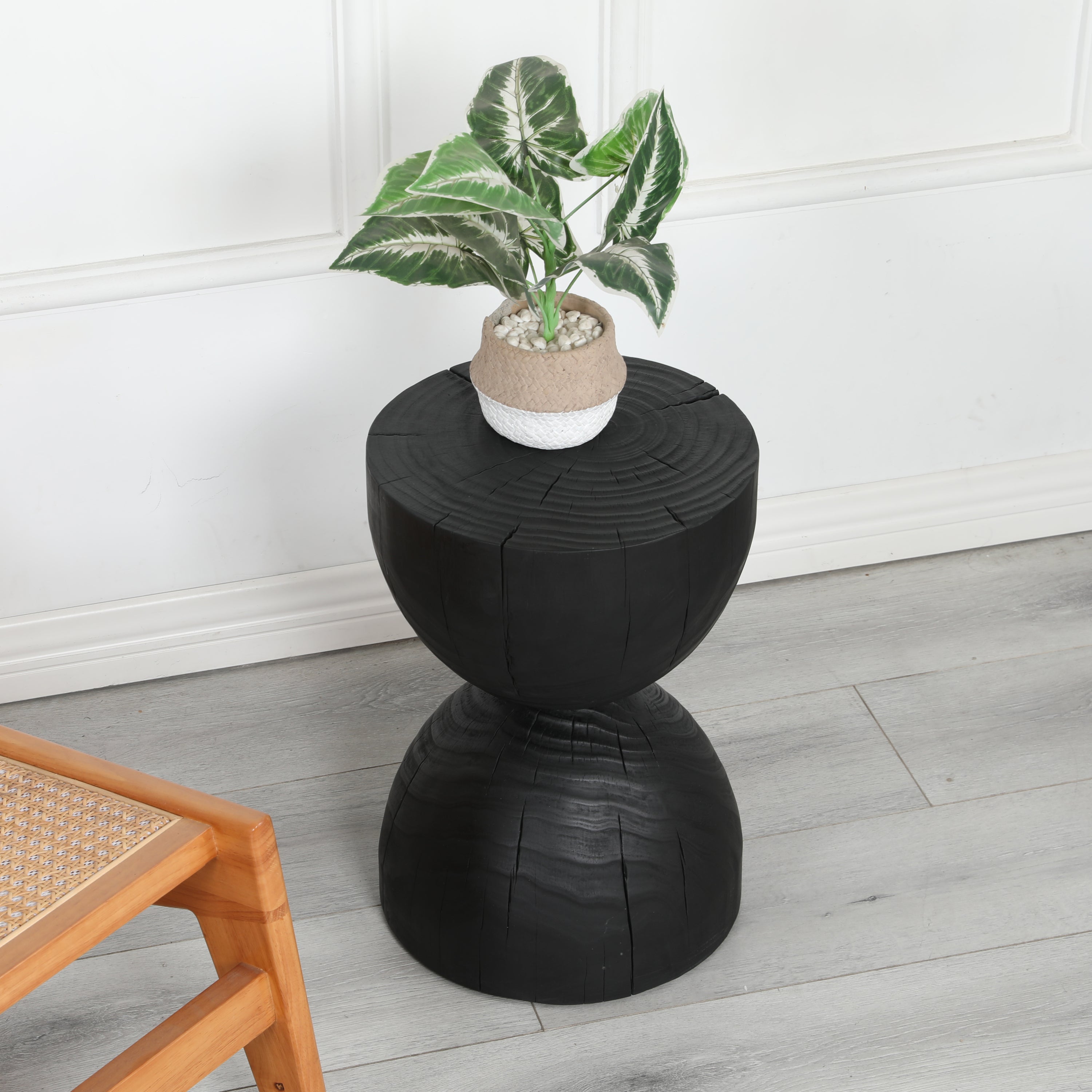 Solid Mango Wood Round Side Table, 12.2x18.11 in, Black, Burnt Vintage Look