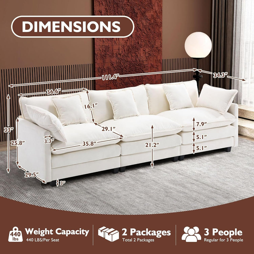 111.4 Inch 3 Seater Cloud Sofa Modular Sectional Couch Beige With Breathable Chenille Fabric