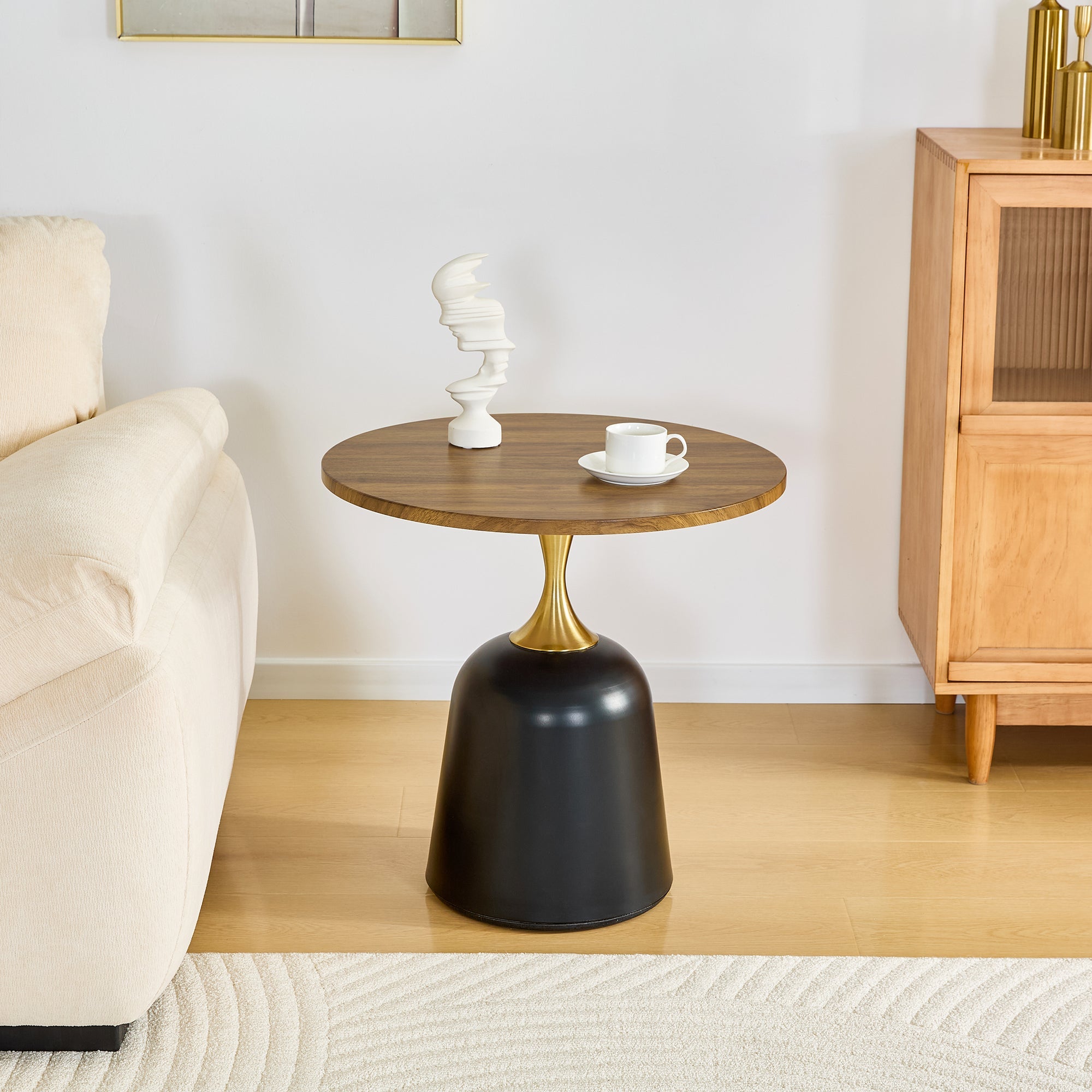 23.6 in Round Side Table, Metal Base, Walnut Wood Grain, Living Room Office