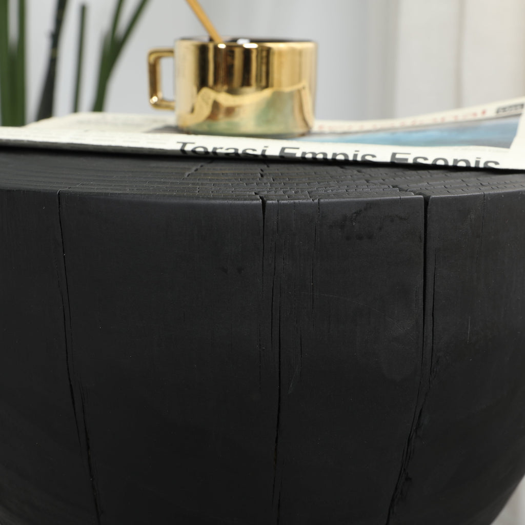 Solid Mango Wood Round Side Table, 12.2x18.11 in, Black, Burnt Vintage Look