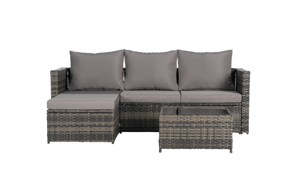Outdoor Patio Set PE Rattan Metal Dark Gray 3 Piece Ottoman Table
