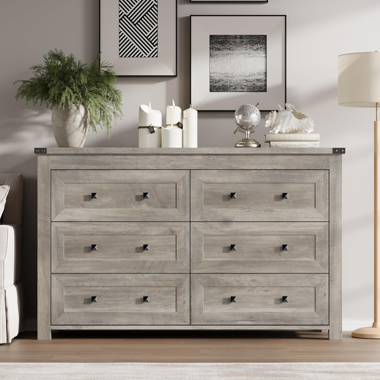 Six Drawer Dresser With Metal Handles Storage Unit