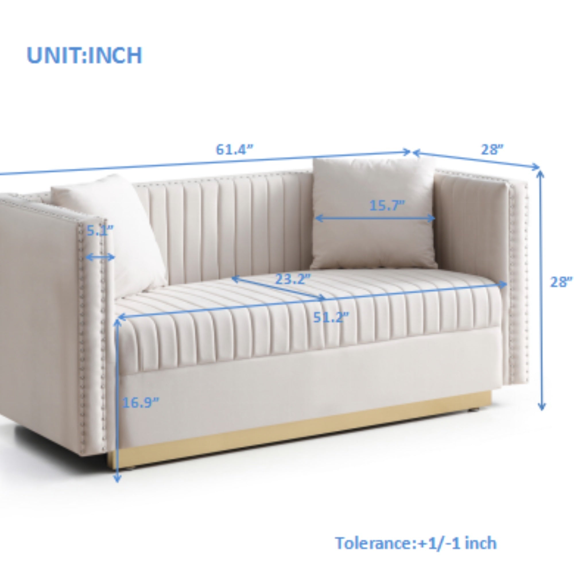 Loveseat Velvet Beige Channel Tufted Gold Stainless Base 2 Seat 61 In 600 LB