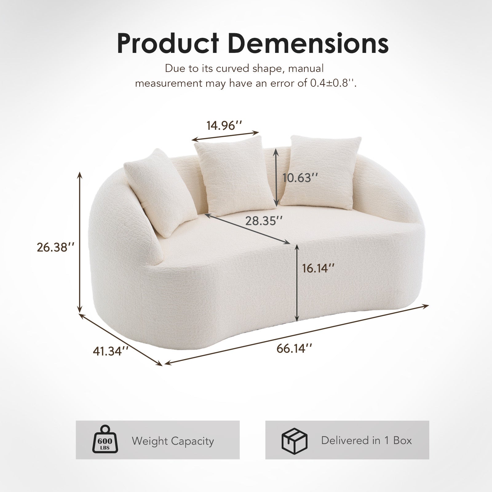 Sofa Curved Modern Off White Chenille 2-seater Space-Saving Compact