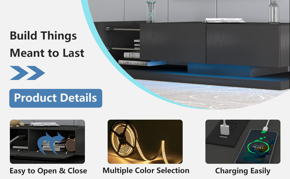 TV Stand LED Black Particle Board Tempered Glass Shelves Fits 75 In TV